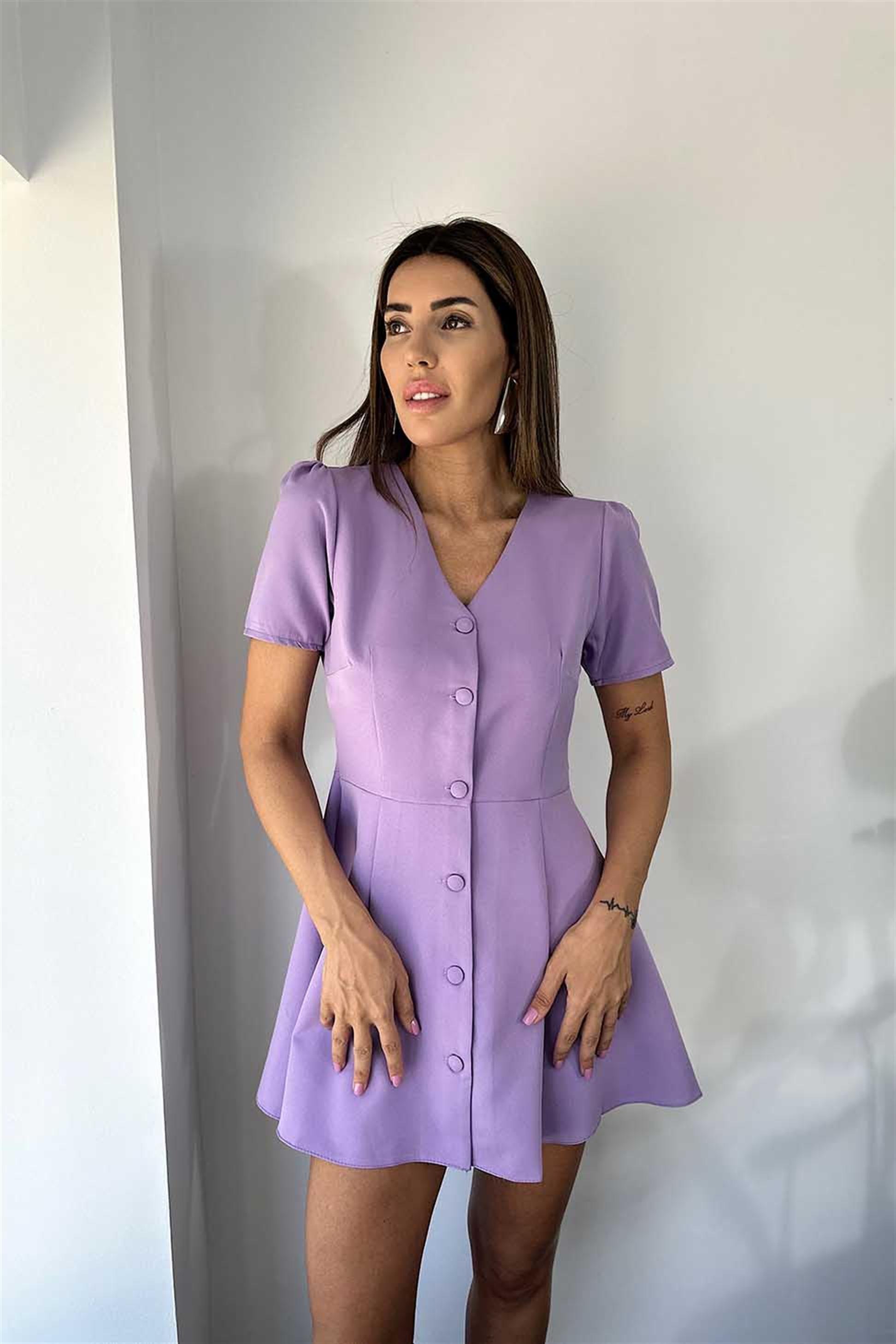 Lüks Kalite Krep Kumaş Düğmeli Mini Elbise Lila