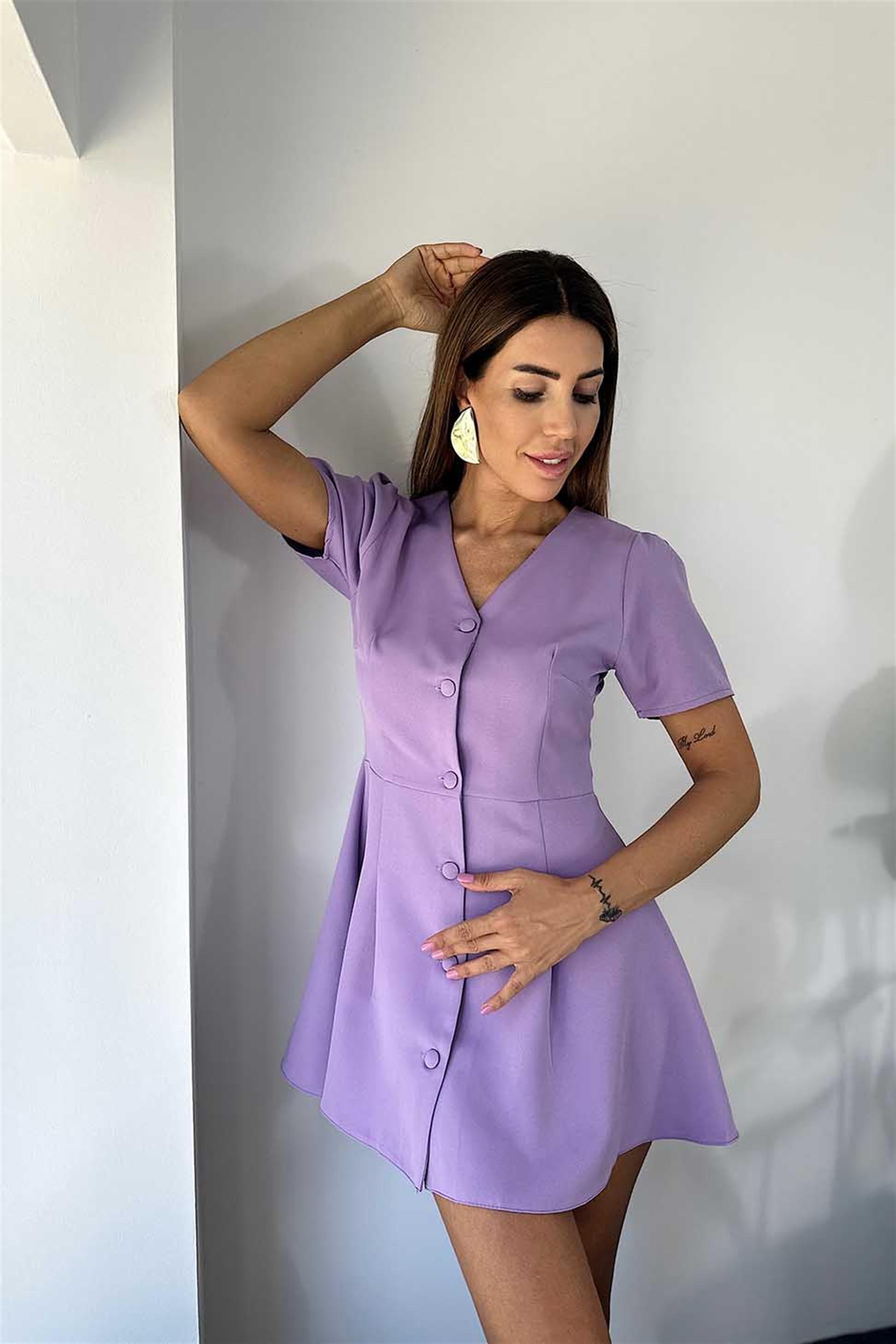 Lüks Kalite Krep Kumaş Düğmeli Mini Elbise Lila