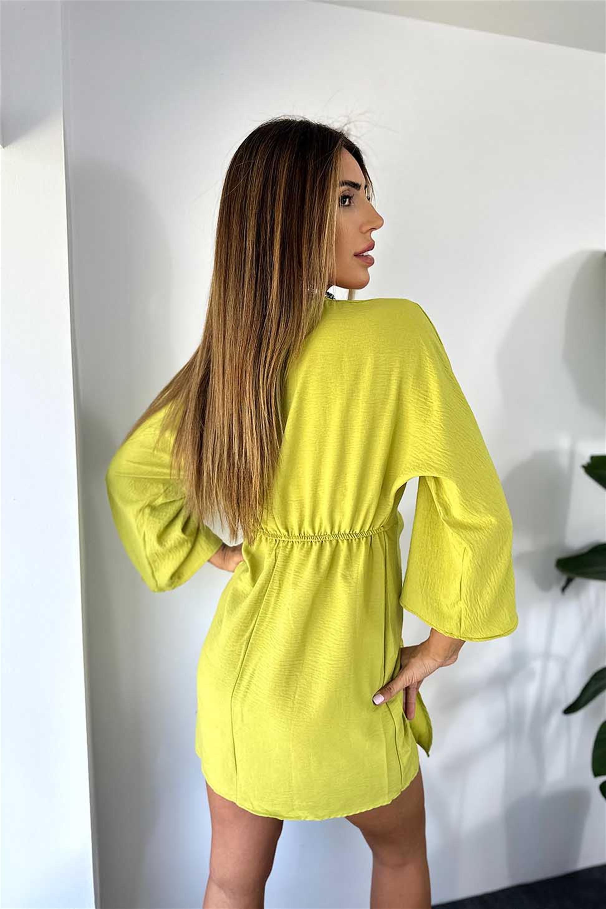 Lüks Kalite Kruvaze Yaka Kendinden Kuşak Bağlamalı Elbise Limon Küfü