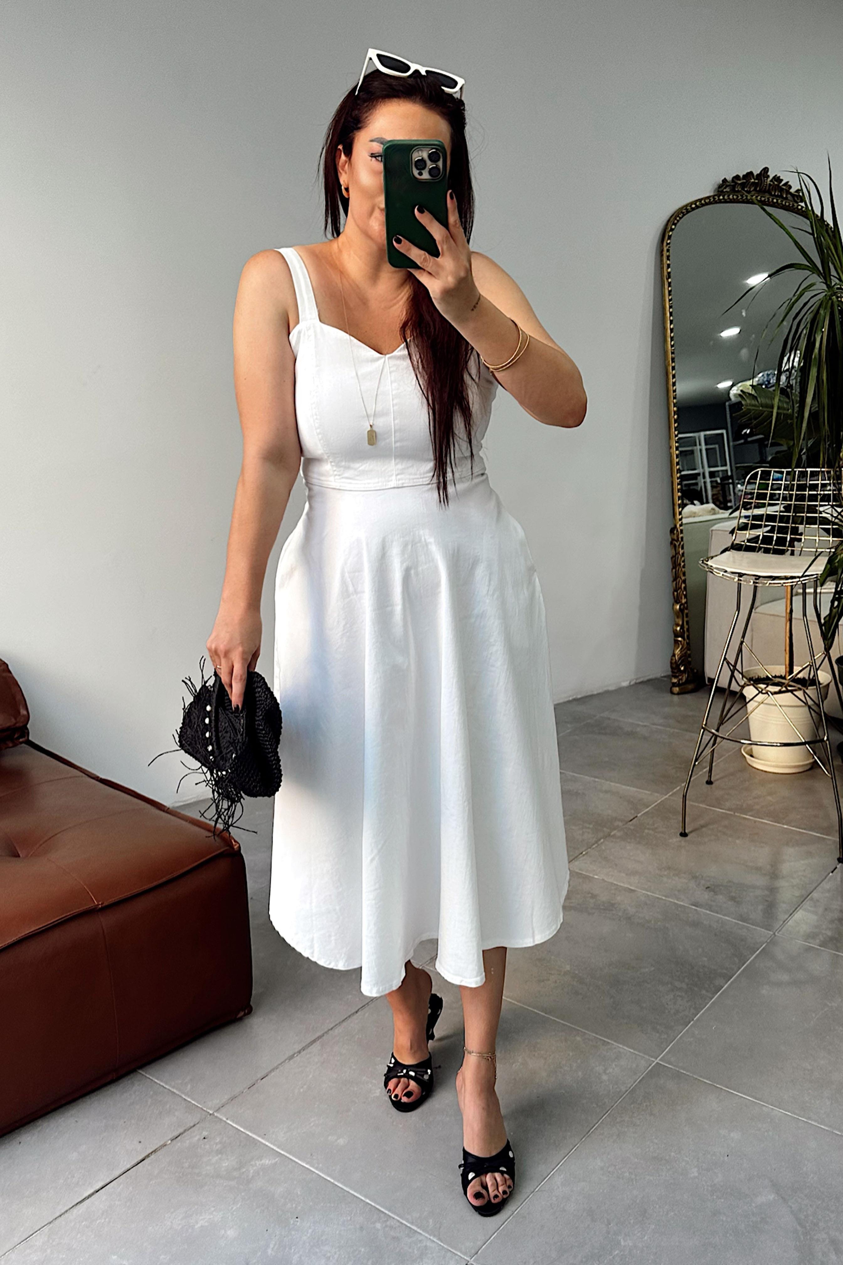 Lüks Kalite Likralı Denim Kumaş Elbise Beyaz