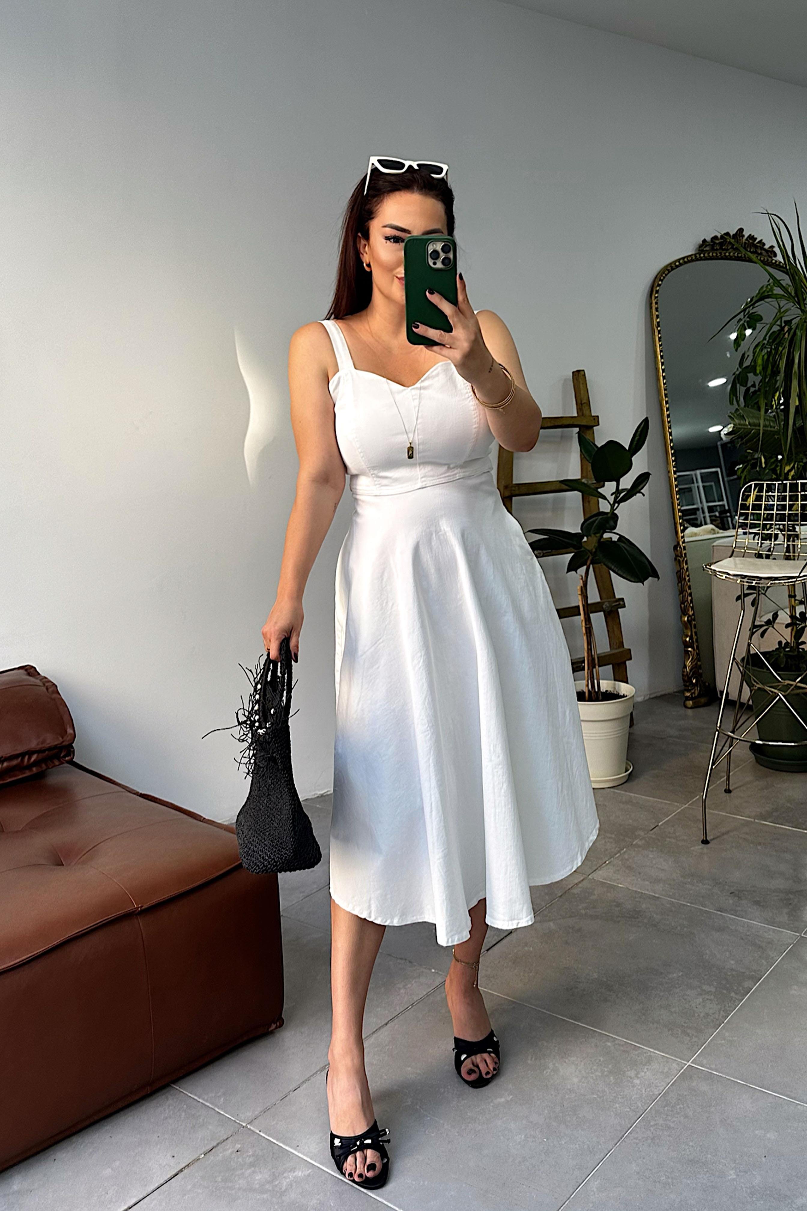 Lüks Kalite Likralı Denim Kumaş Elbise Beyaz