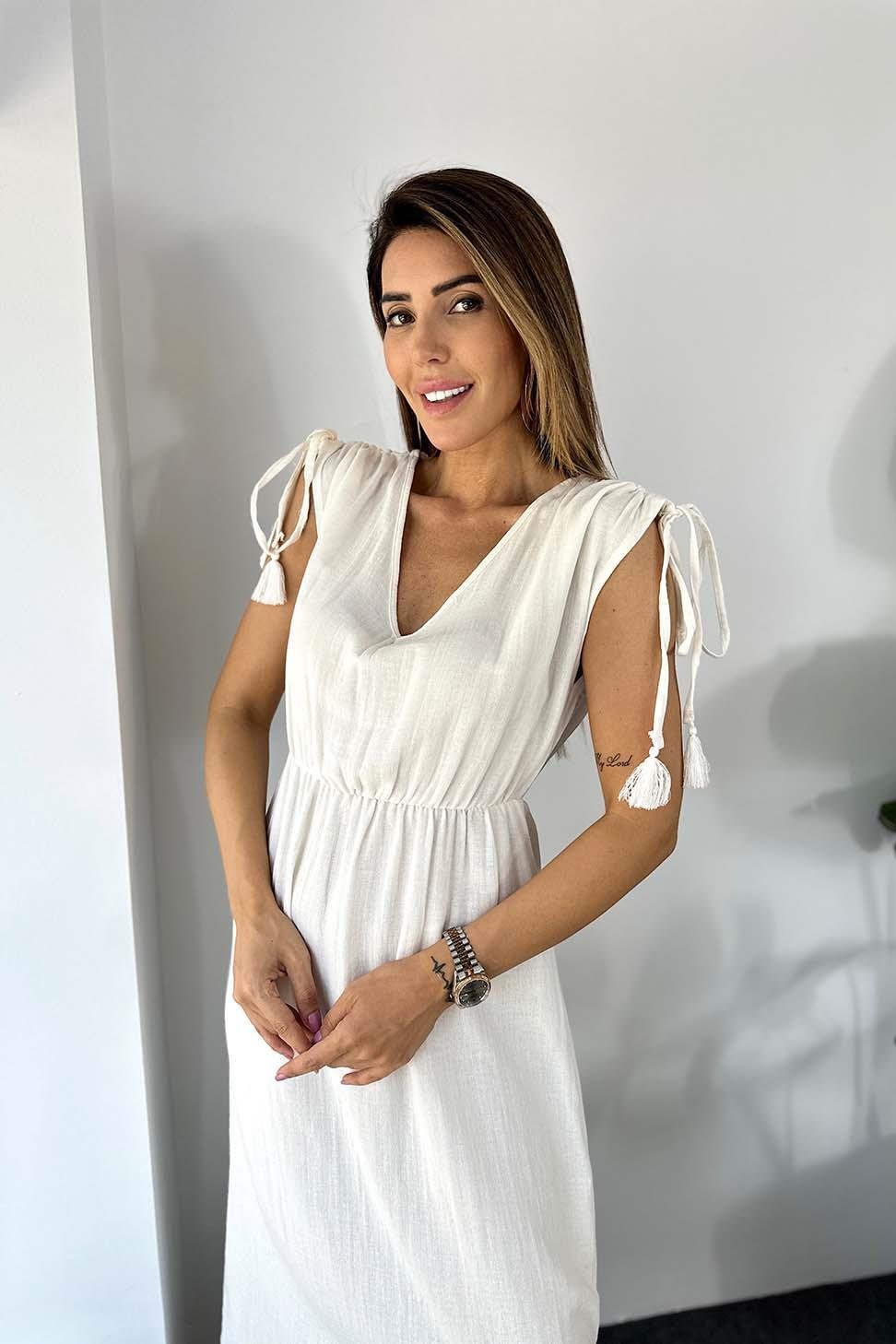 Lüks Kalite Müslin Kumaş Naturel Pamuklu Yırtmaçlı Elbise Beyaz