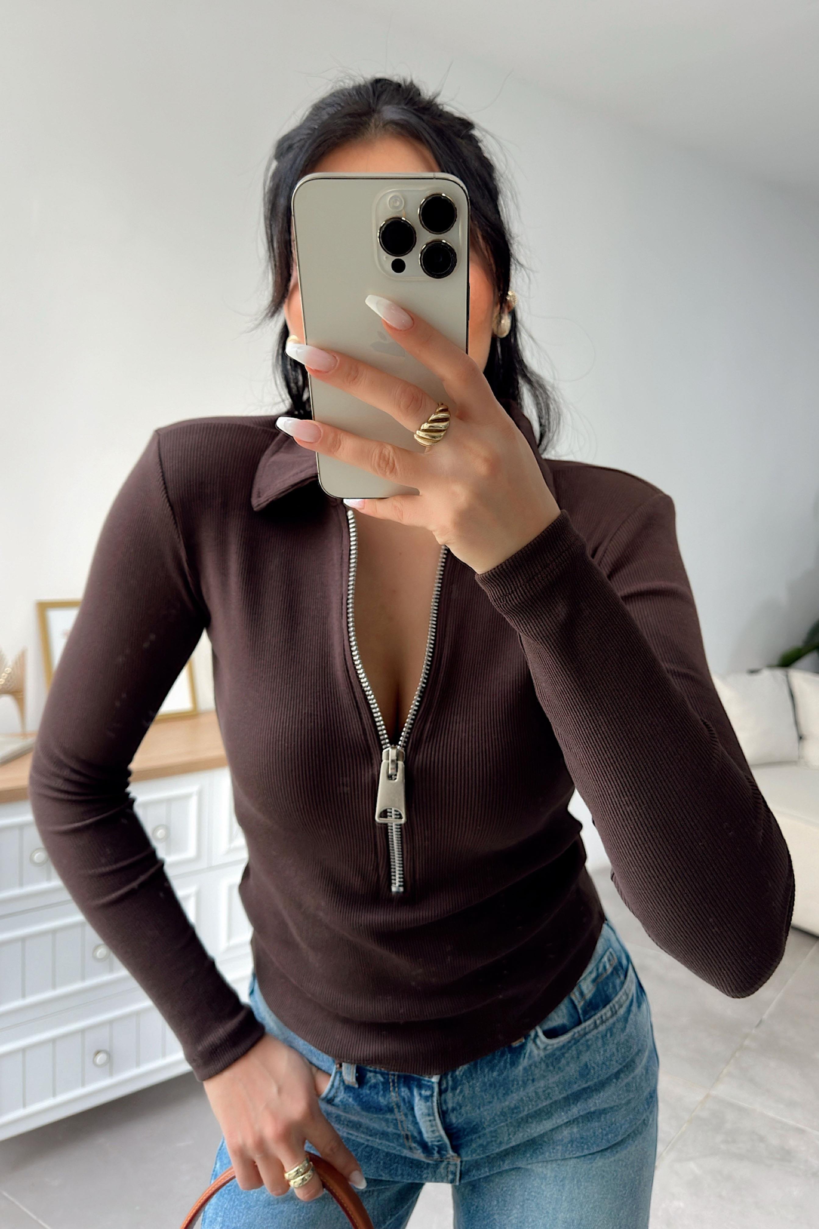Lüks Kalite Önü Fermuarlı Fitilli Bluz Acı Kahve