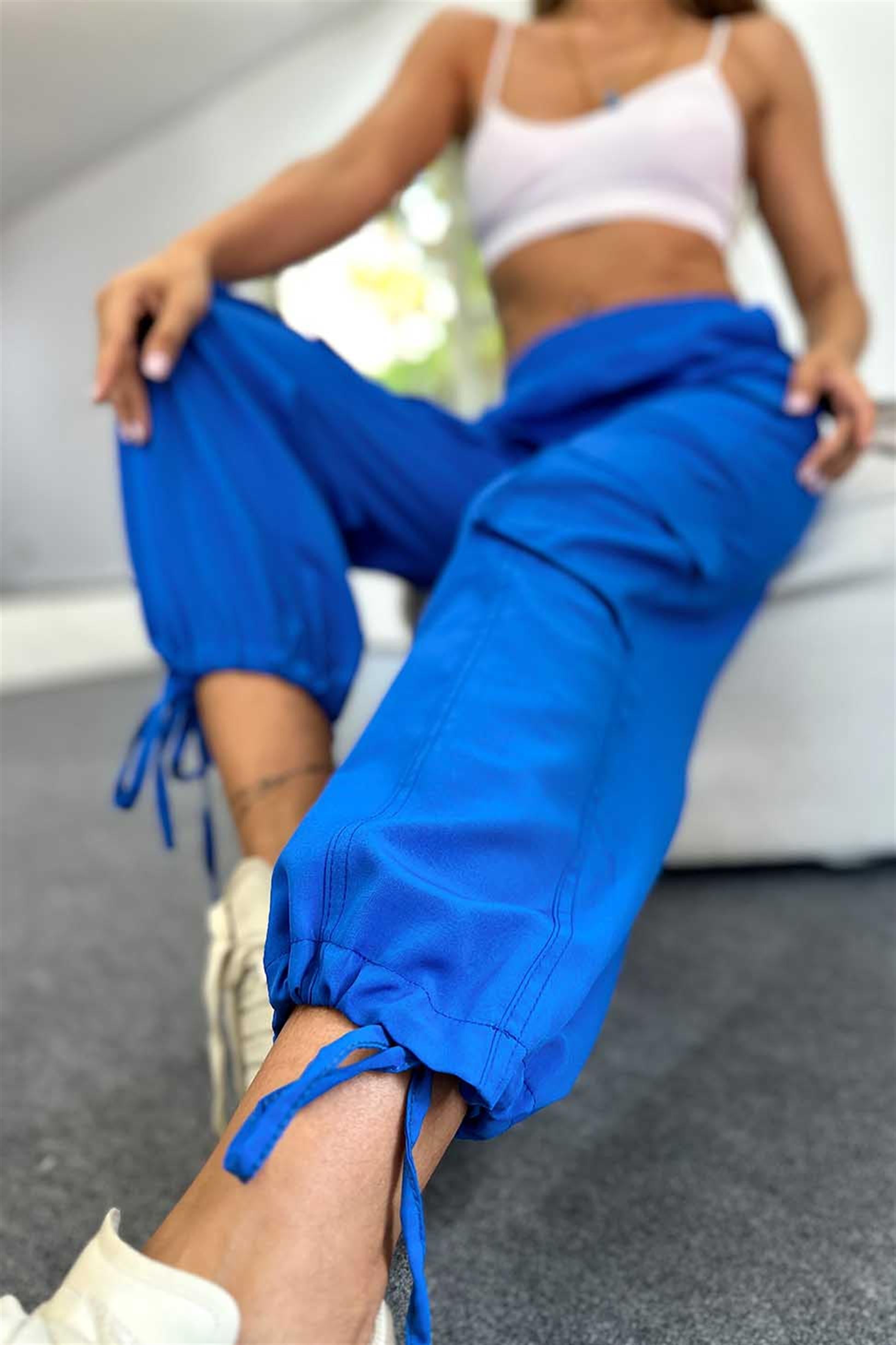Lüks Kalite Paçası İp Bağlamalı Kargo Cep Kadın Pantalon SAKS MAVİ