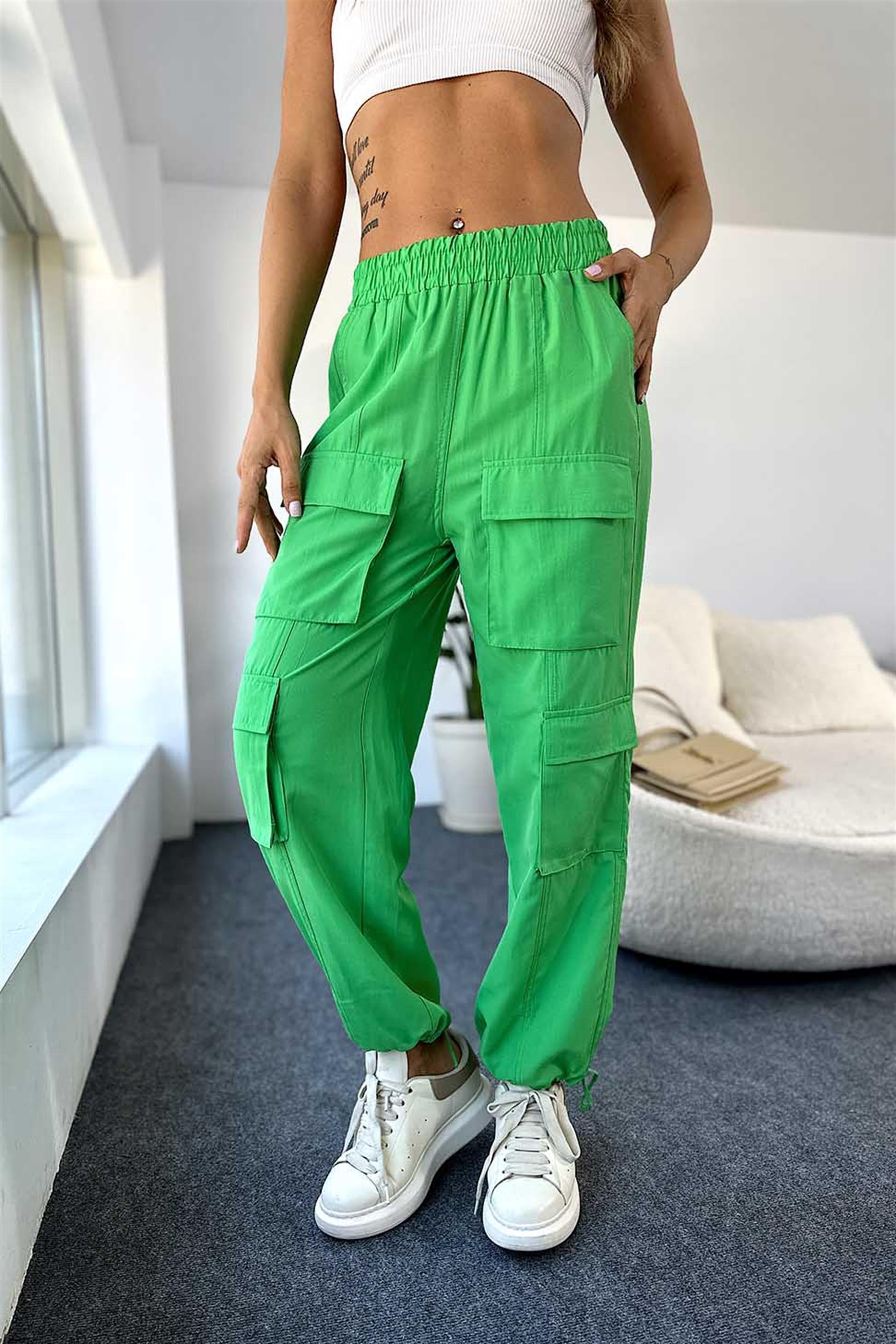 Lüks Kalite Paçası İp Bağlamalı Kargo Cep Kadın Pantalon Yeşil