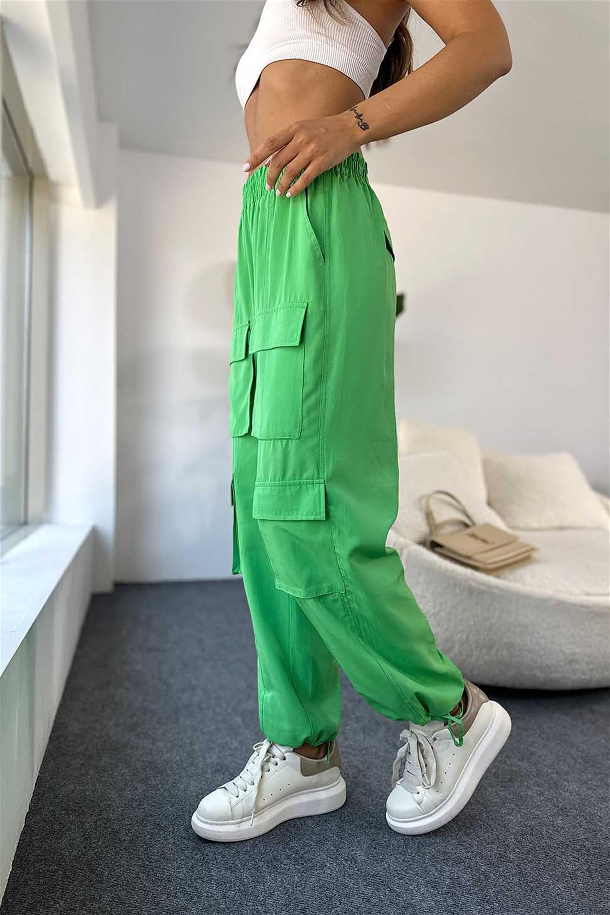 Lüks Kalite Paçası İp Bağlamalı Kargo Cep Kadın Pantalon Yeşil