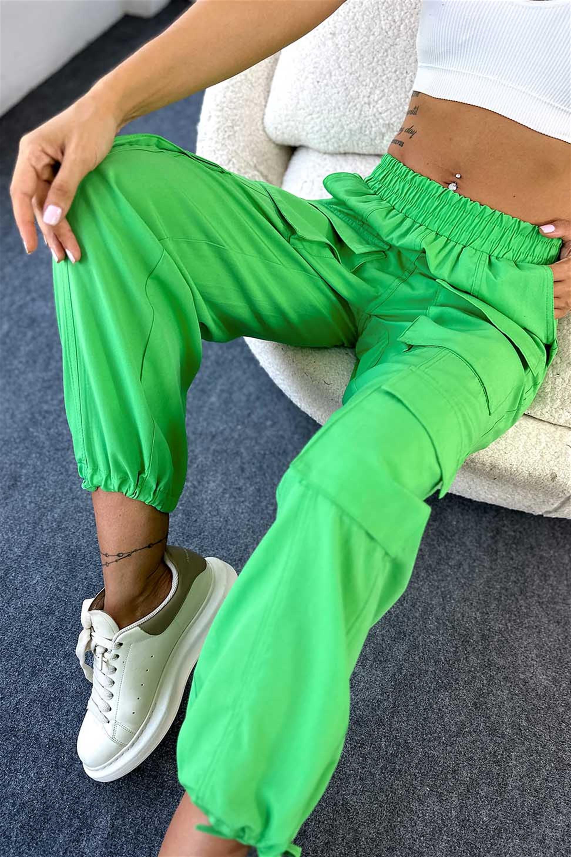Lüks Kalite Paçası İp Bağlamalı Kargo Cep Kadın Pantalon Yeşil