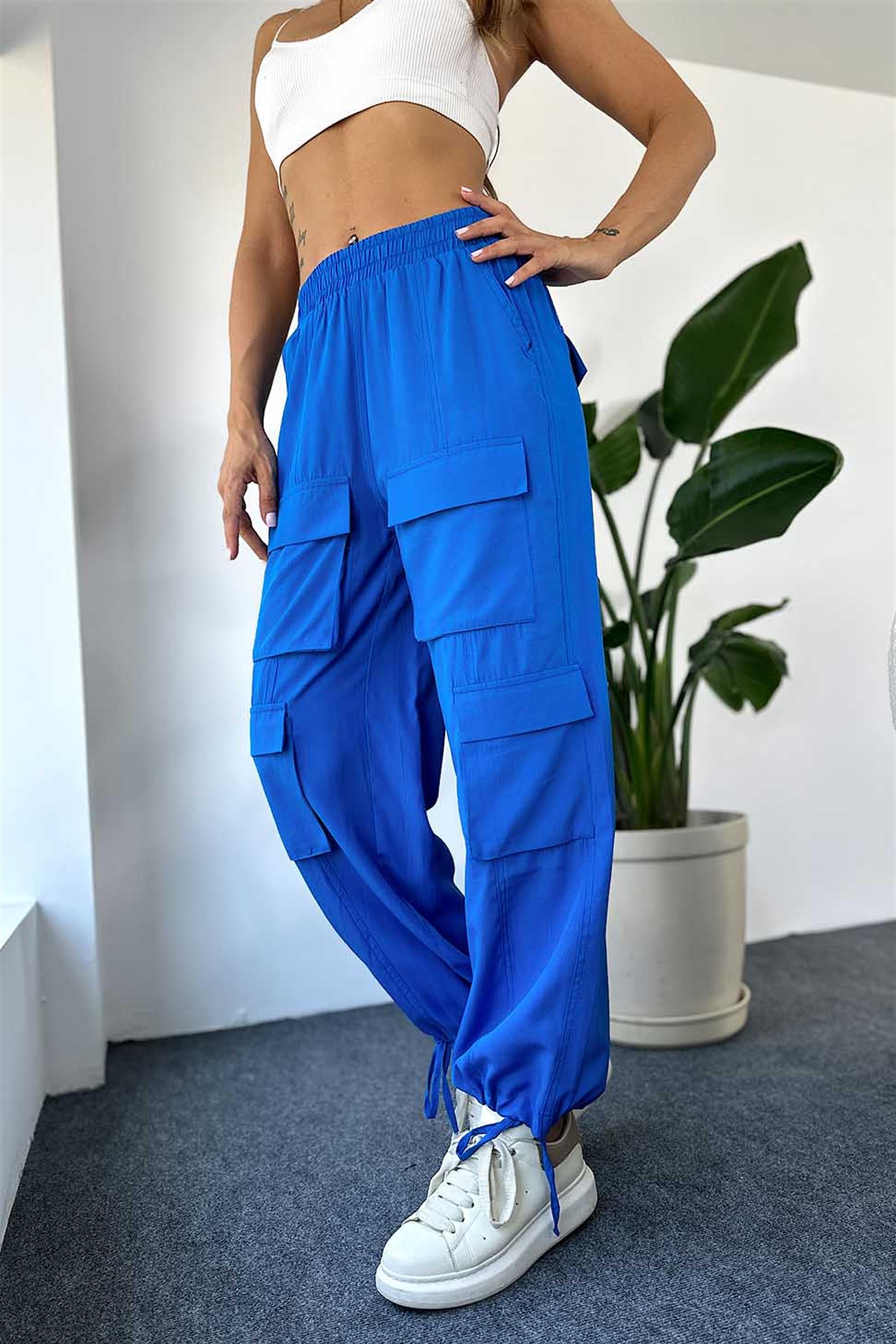 Lüks Kalite Paçası İp Bağlamalı Kargo Cep Kadın Pantalon SAKS MAVİ
