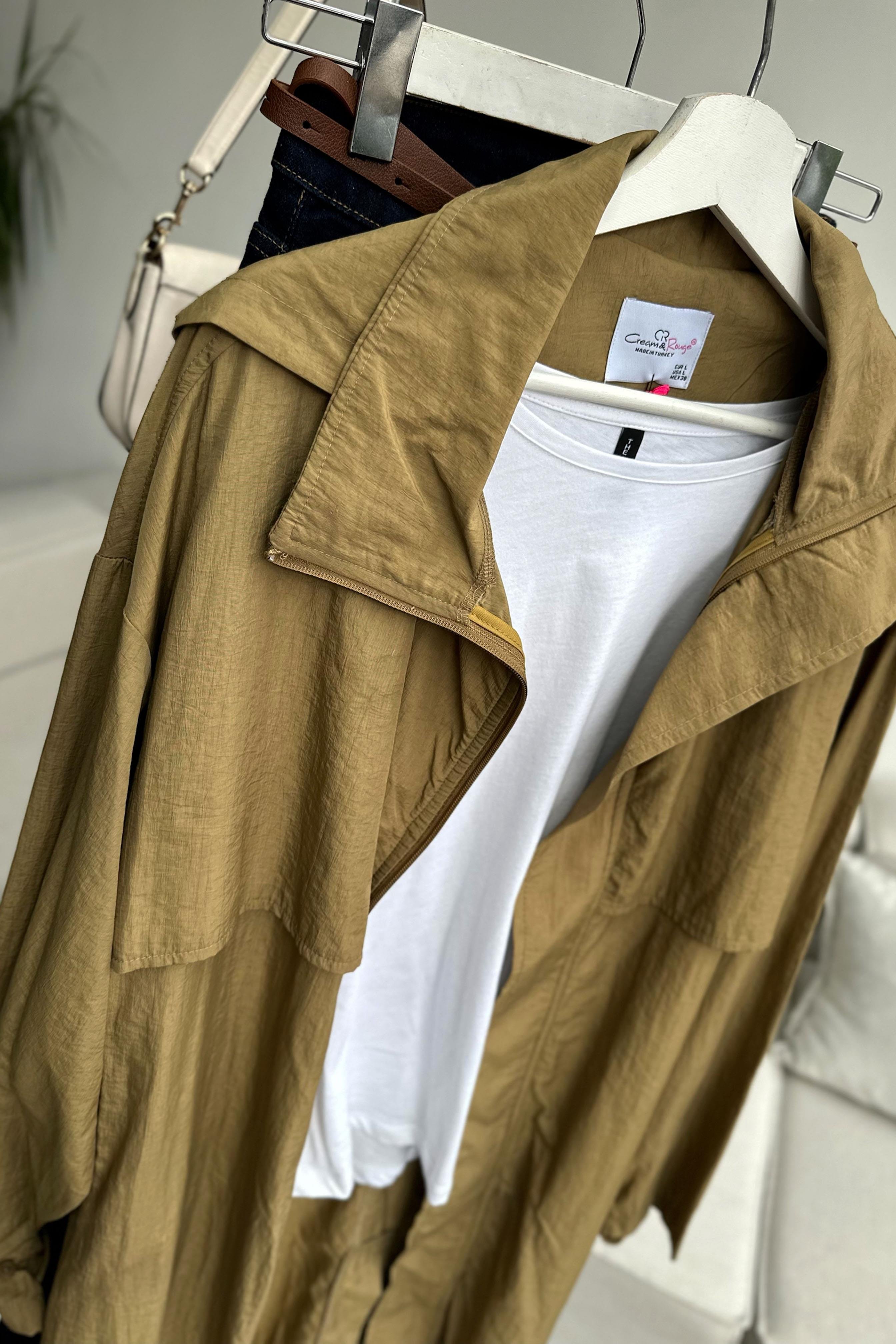 Lüks Kalite Paraşüt Kumaş Kemerli Trençkot Olive