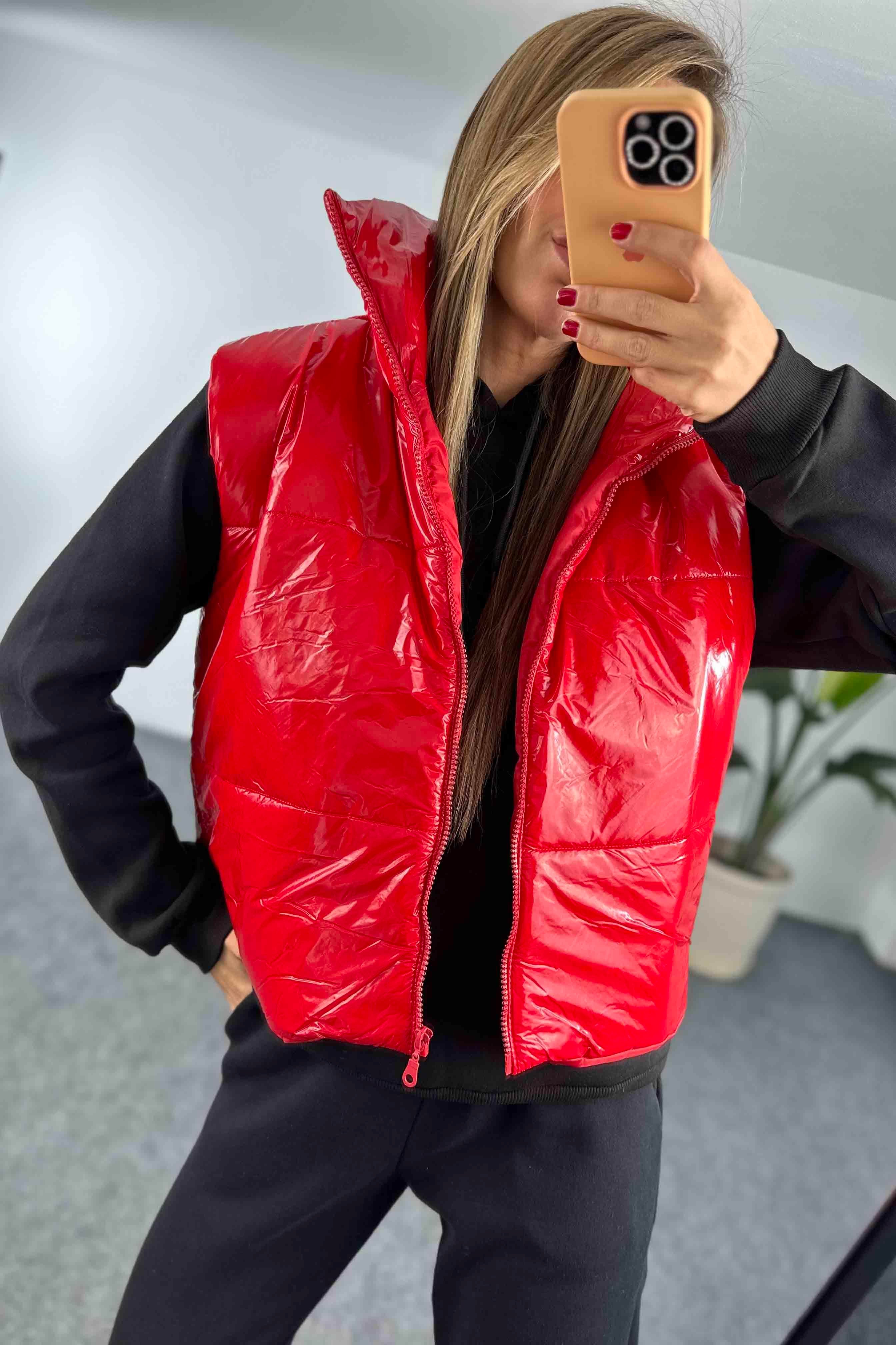 Lüks Kalite Parlak Şişme Yelek Kırmızı