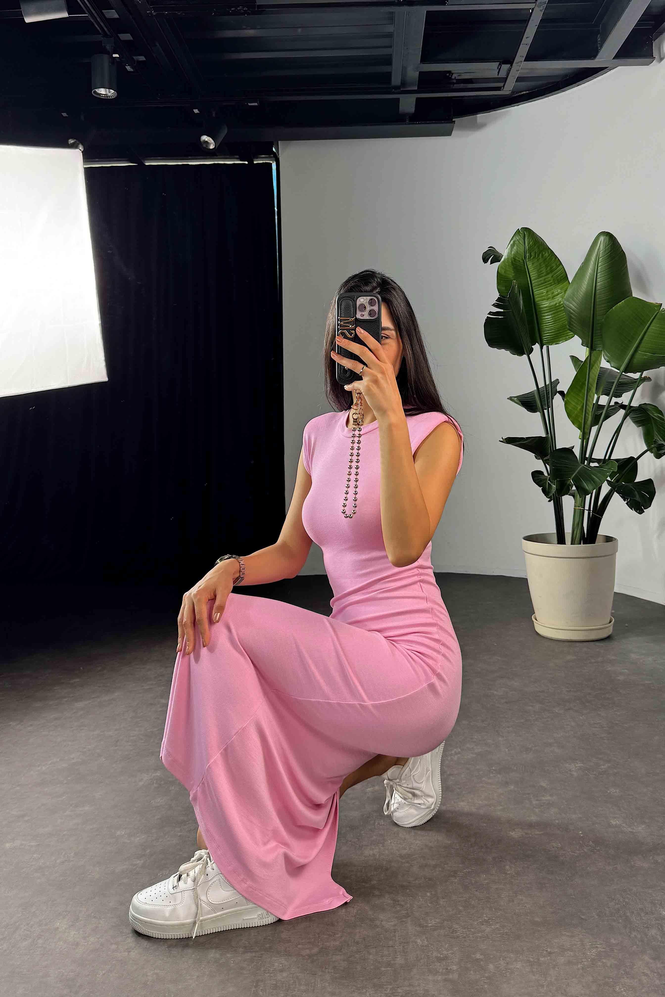 Lüks Kalite Penye Kumaş Vatkalı Kadın Elbise Pembe