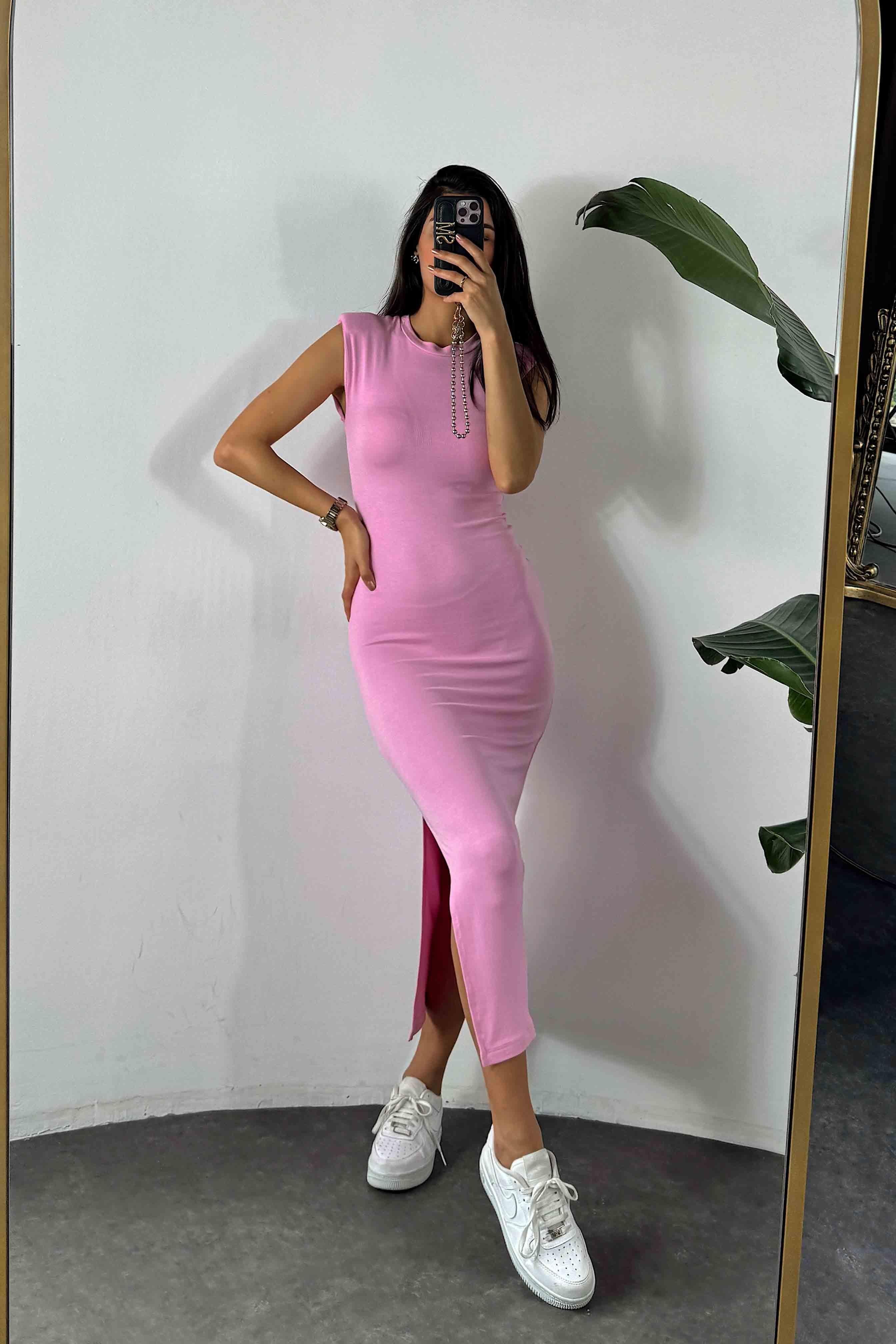 Lüks Kalite Penye Kumaş Vatkalı Kadın Elbise Pembe