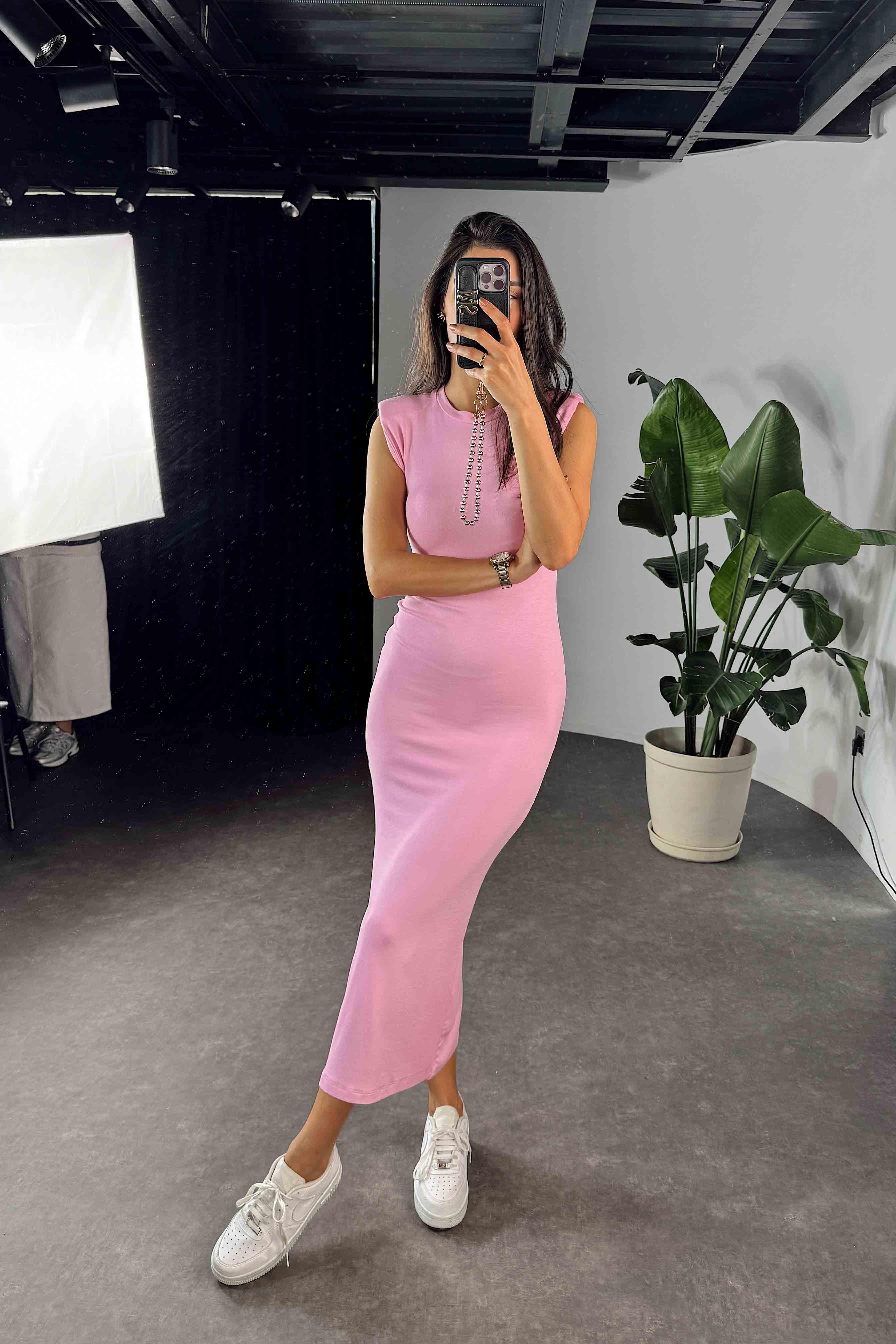Lüks Kalite Penye Kumaş Vatkalı Kadın Elbise Pembe