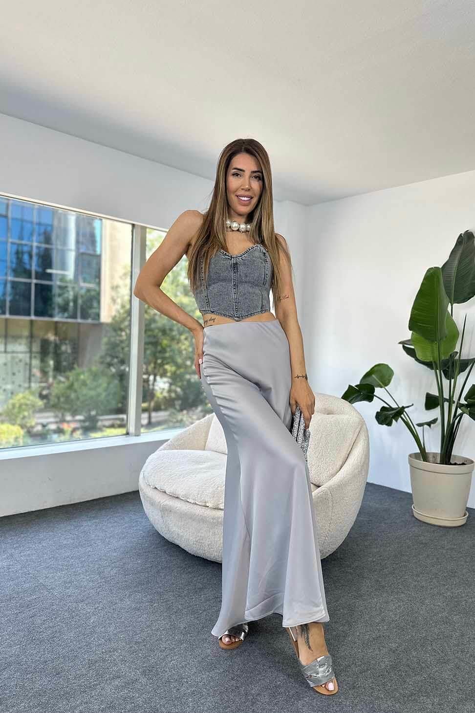 Lüks Kalite Saten Kumaş Beli Lastikli Etek Gri