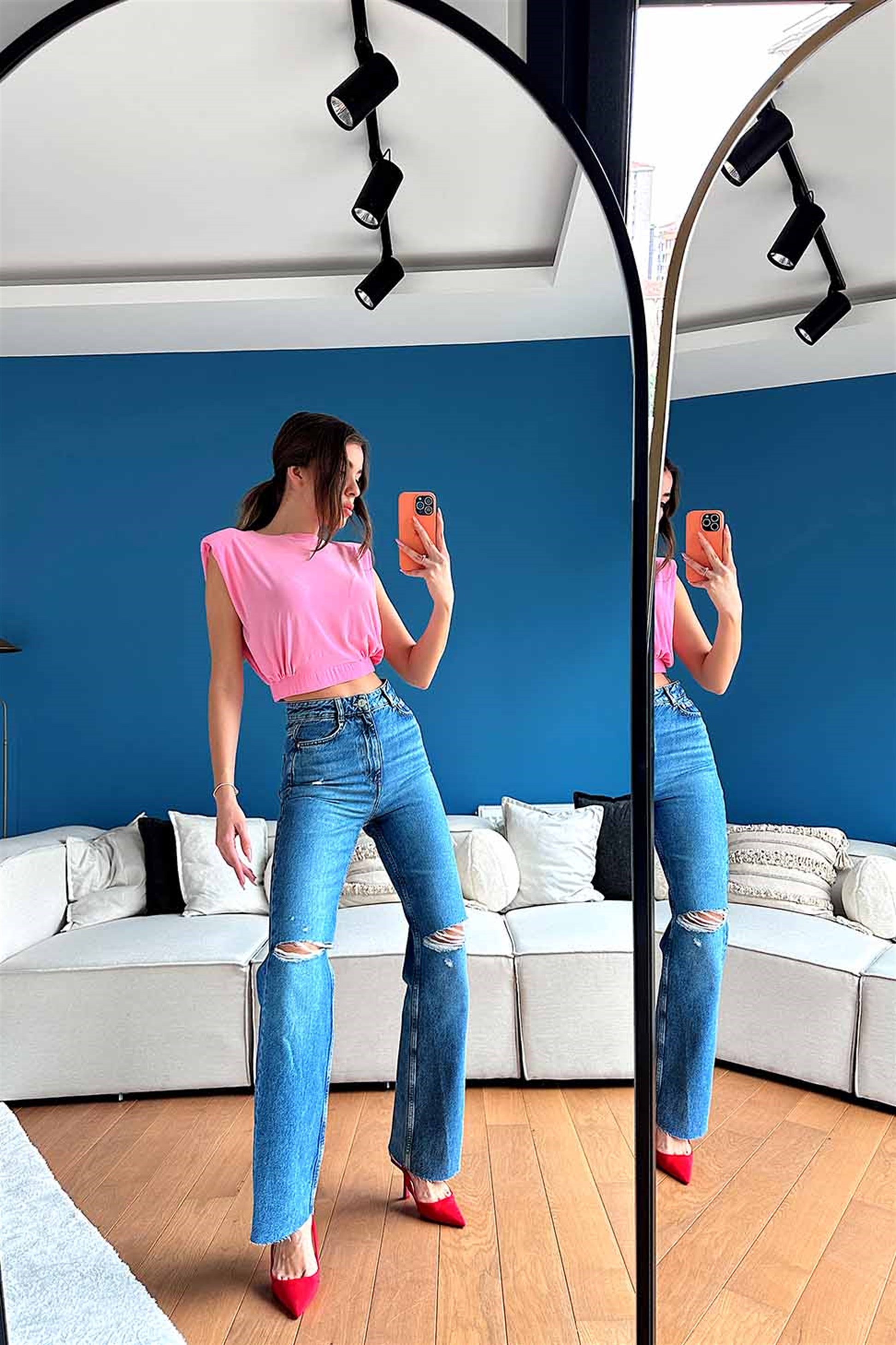 Lüks Kalite Vatkalı Degaje Yaka Sırt Dekolteli Bluz Pembe