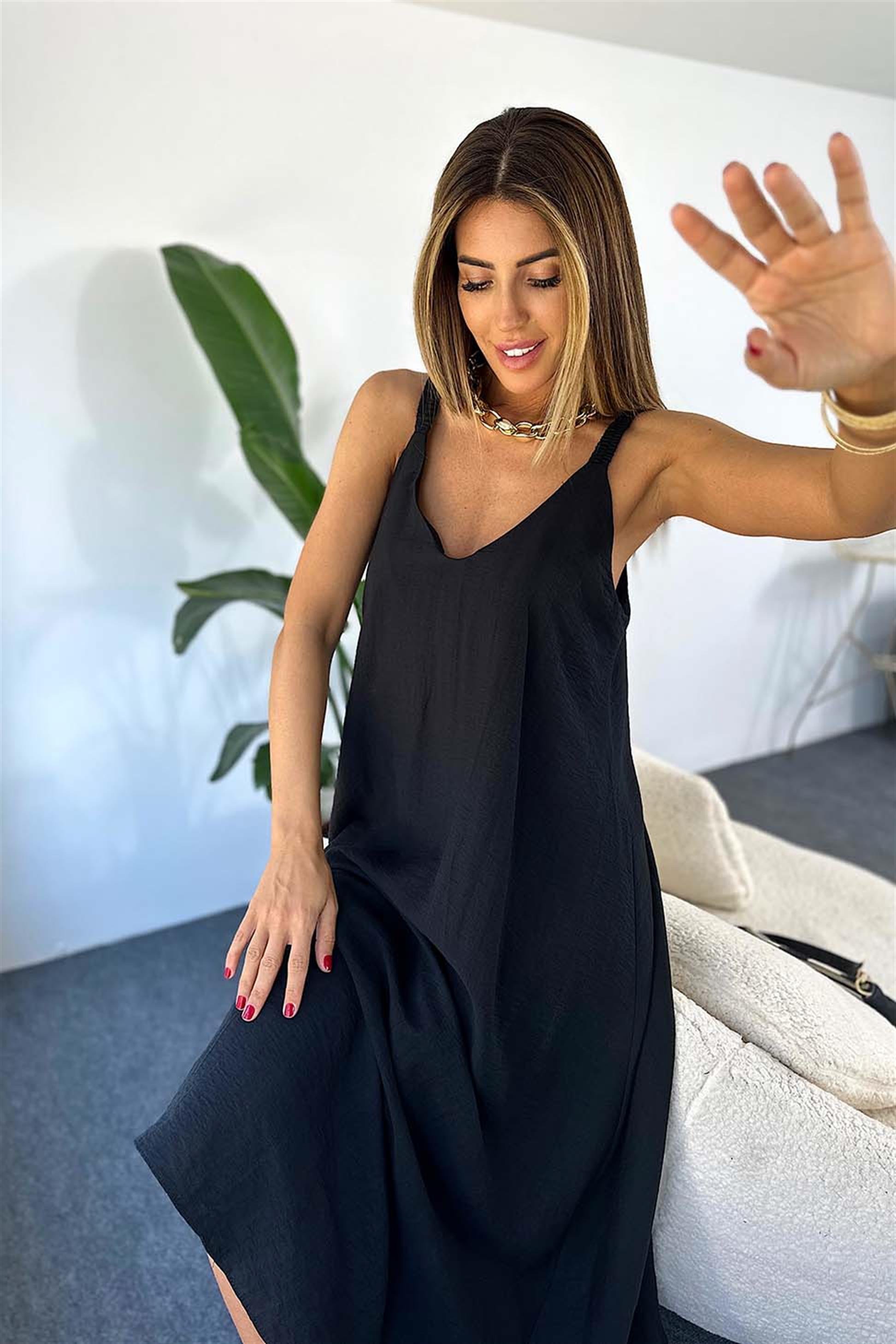Lüks Kalite Viskon Kumaş Lastik Askılı Yazlık Elbise Siyah