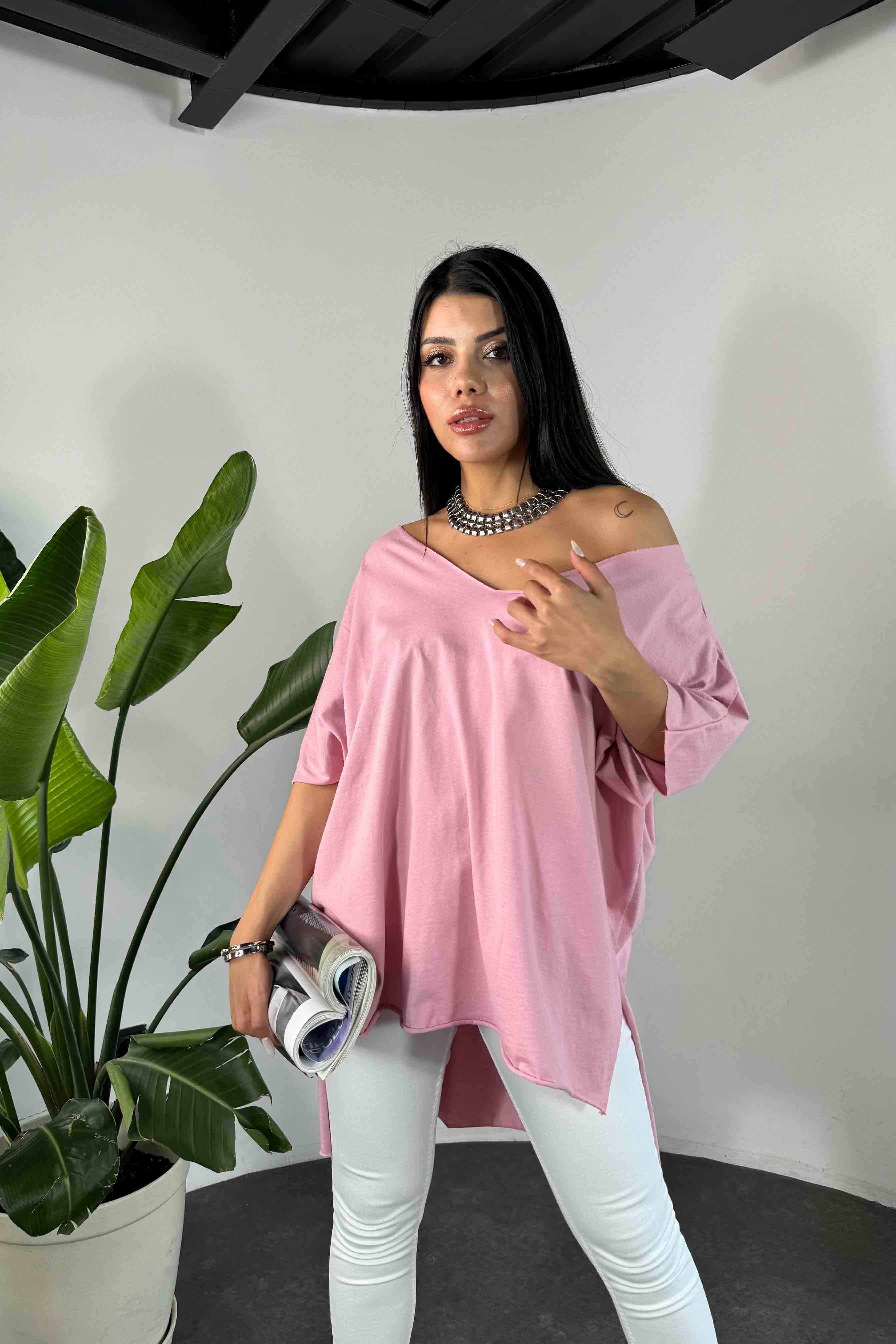 Lüks Kalite Viskon Kumaş Lazer Kesim Oversize Tişört Pembe