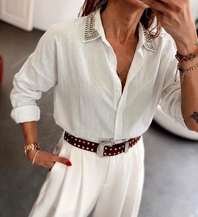 Lüks Kalite Yakası Taşlı Oversize Gömlek Beyaz