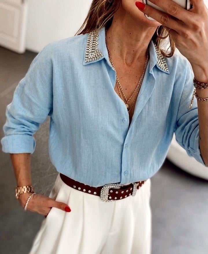 Lüks Kalite Yakası Taşlı Oversize Gömlek Mavi