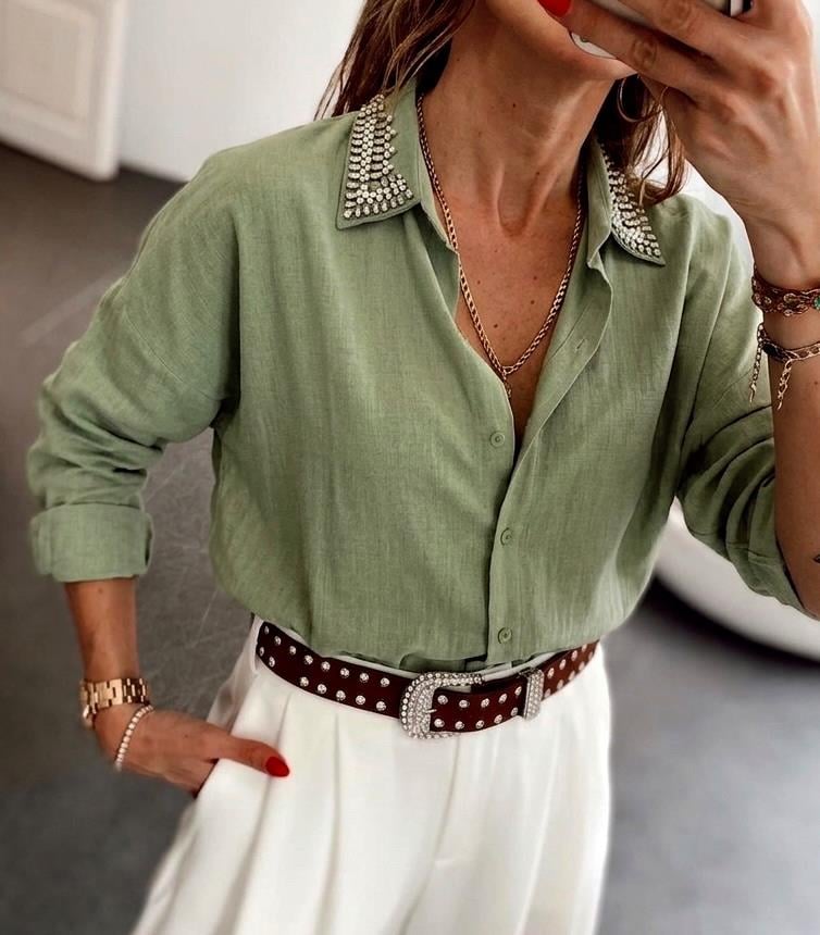 Lüks Kalite Yakası Taşlı Oversize Gömlek Haki