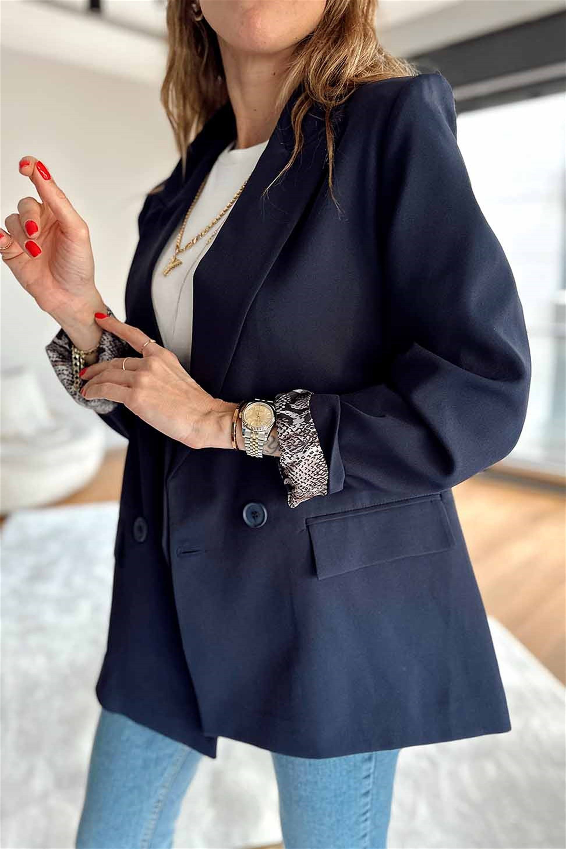 Lüks Kalite Yılan Desen Astarlı 2 Düğmeli Tasarım Blazer Ceket Lacivert