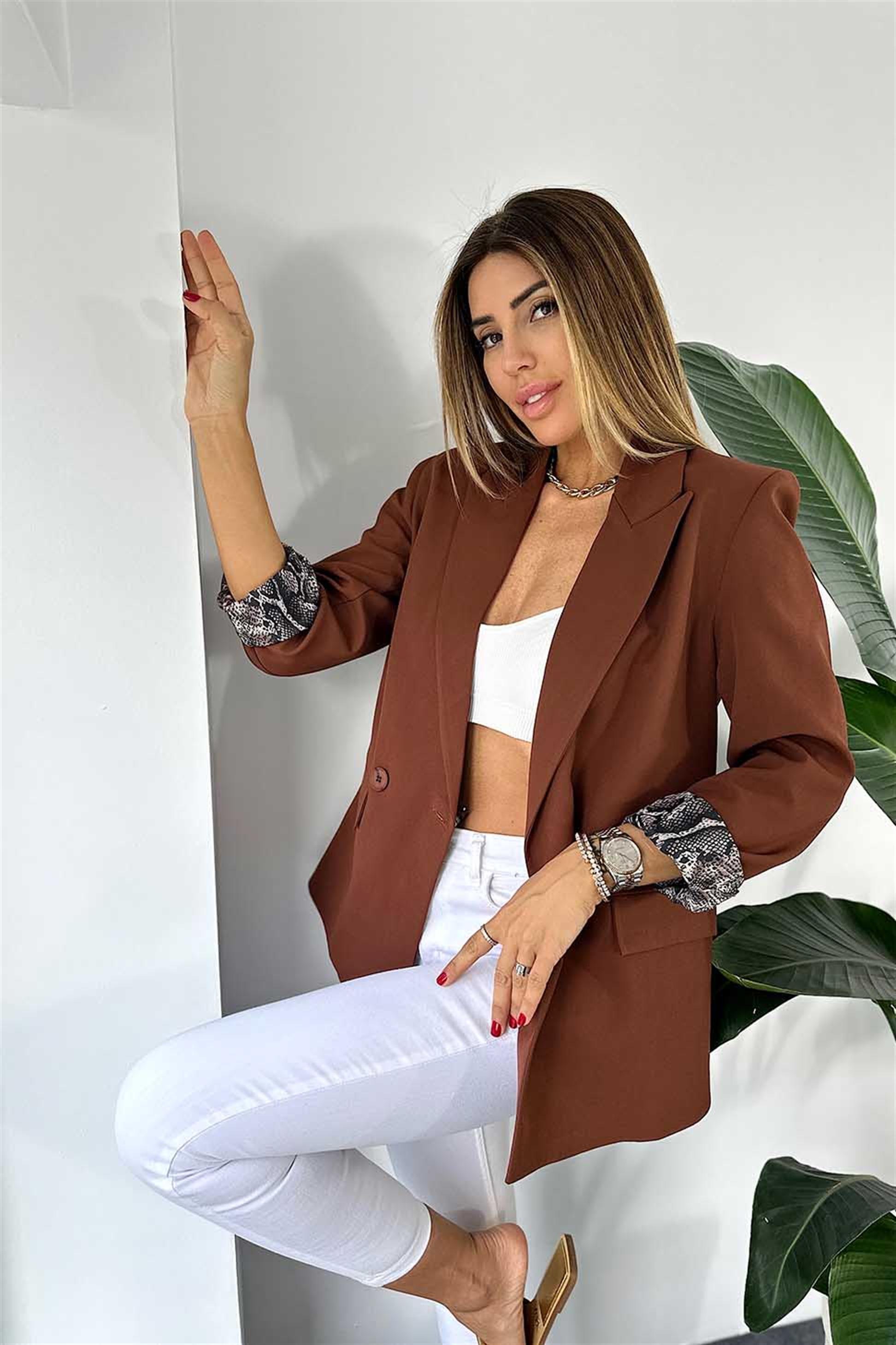 Lüks Kalite Yılan Desen Astarlı 2 Düğmeli Tasarım Blazer Ceket Acı Kahve
