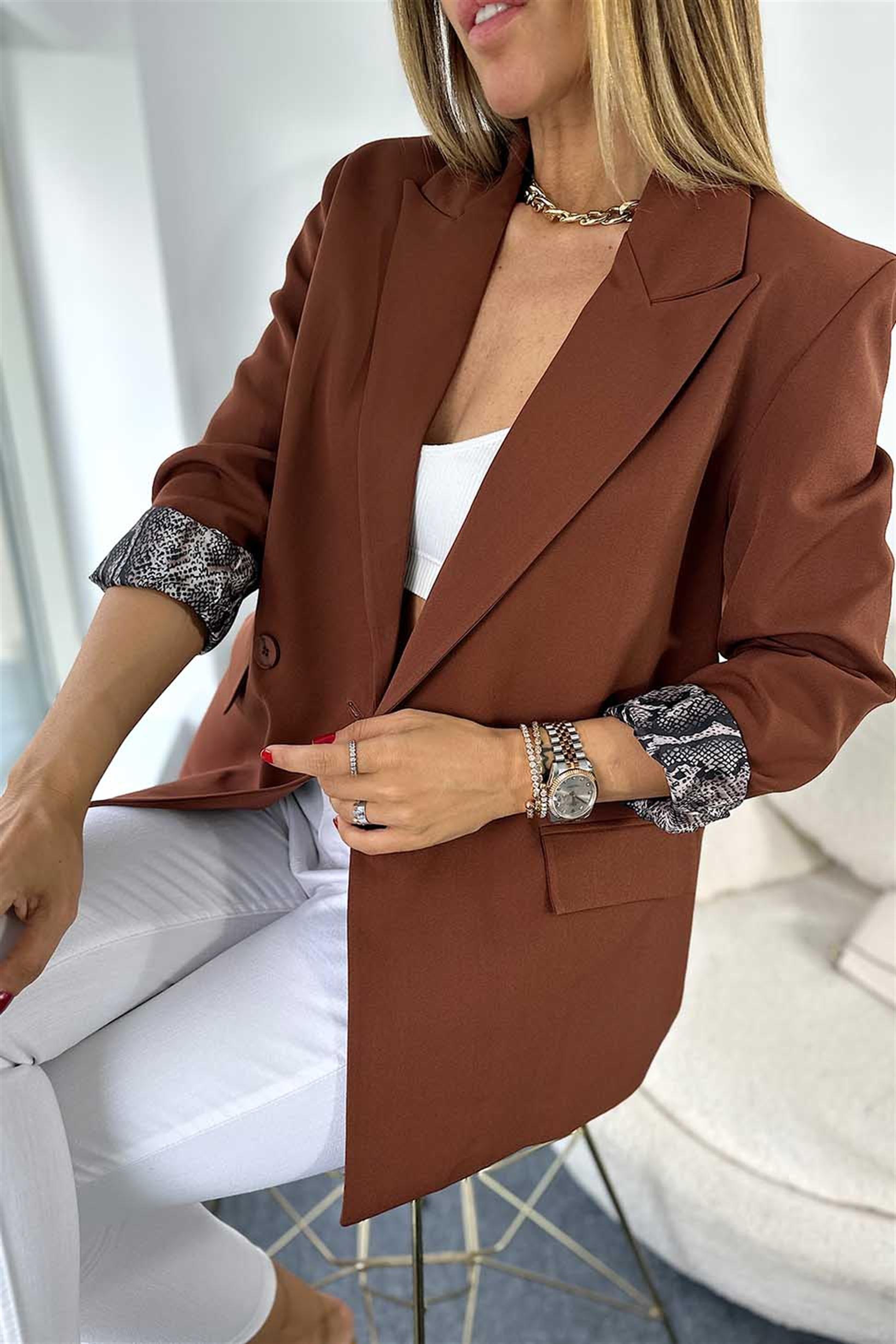Lüks Kalite Yılan Desen Astarlı 2 Düğmeli Tasarım Blazer Ceket Acı Kahve