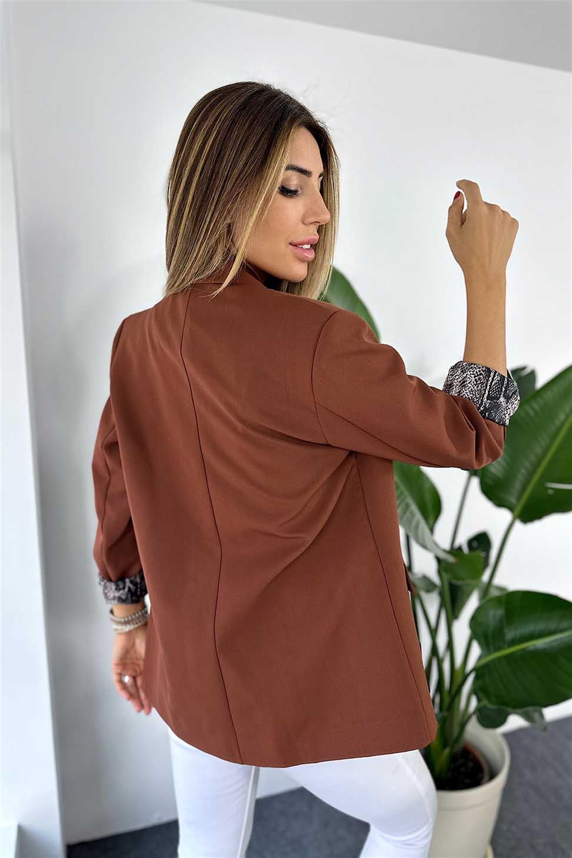 Lüks Kalite Yılan Desen Astarlı 2 Düğmeli Tasarım Blazer Ceket Acı Kahve