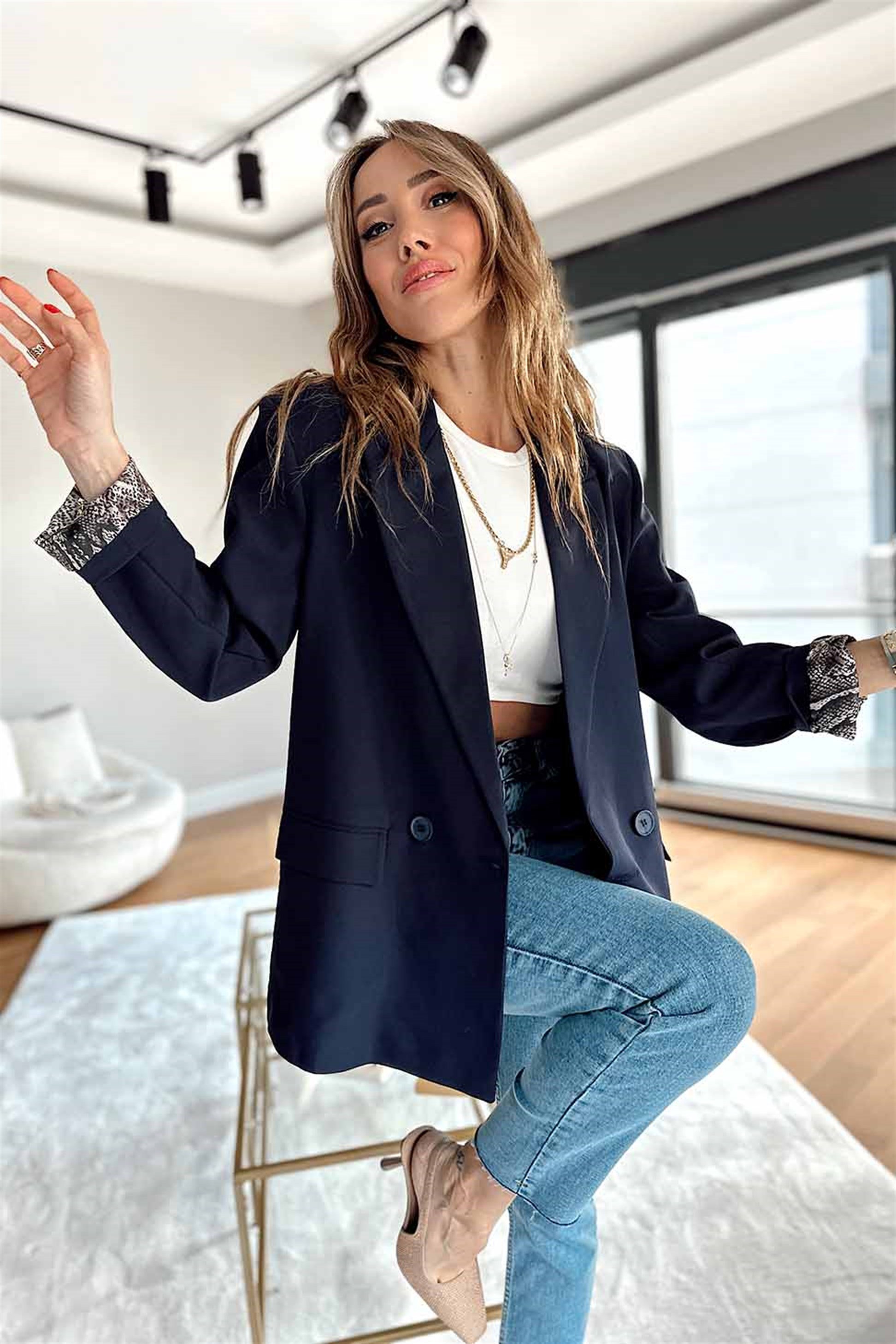 Lüks Kalite Yılan Desen Astarlı 2 Düğmeli Tasarım Blazer Ceket Lacivert