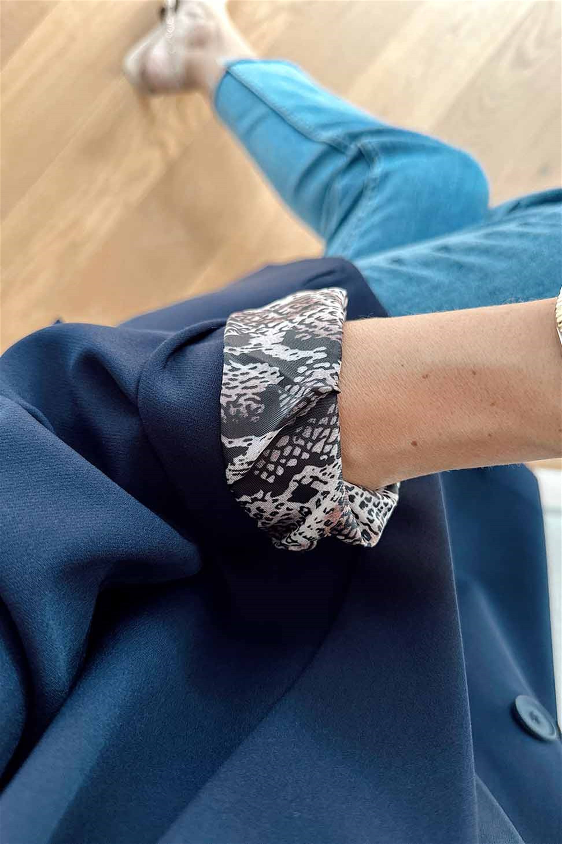 Lüks Kalite Yılan Desen Astarlı 2 Düğmeli Tasarım Blazer Ceket Lacivert