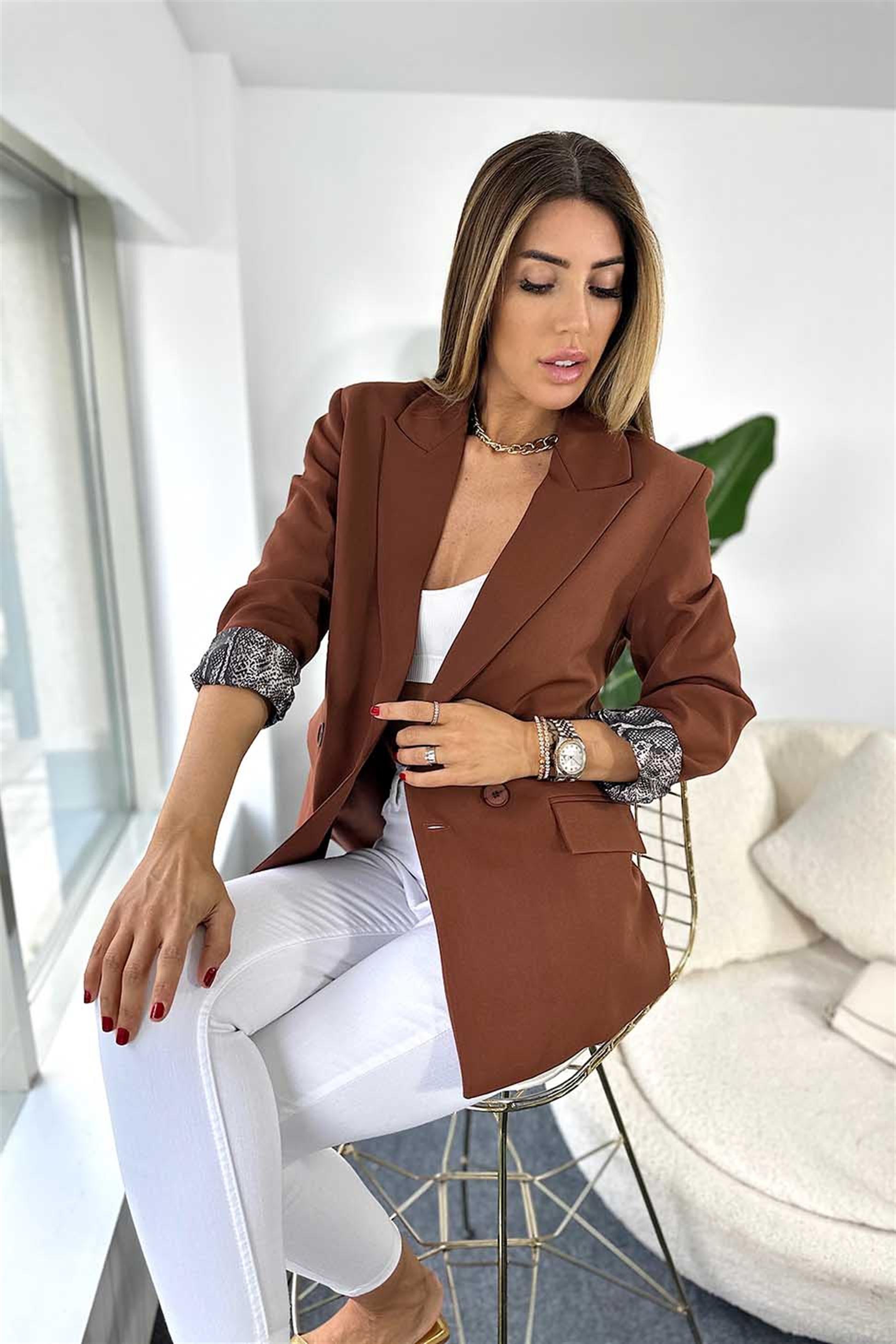 Lüks Kalite Yılan Desen Astarlı 2 Düğmeli Tasarım Blazer Ceket Acı Kahve