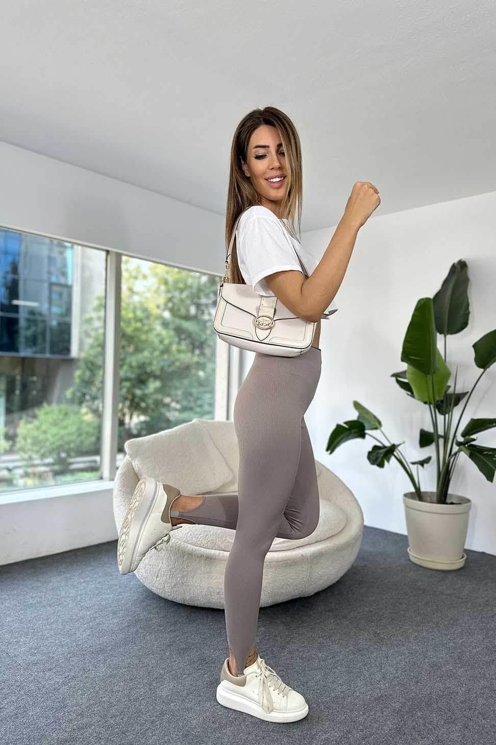 Lüks Kalite Yüksek Bel Füzo Tayt Vizon