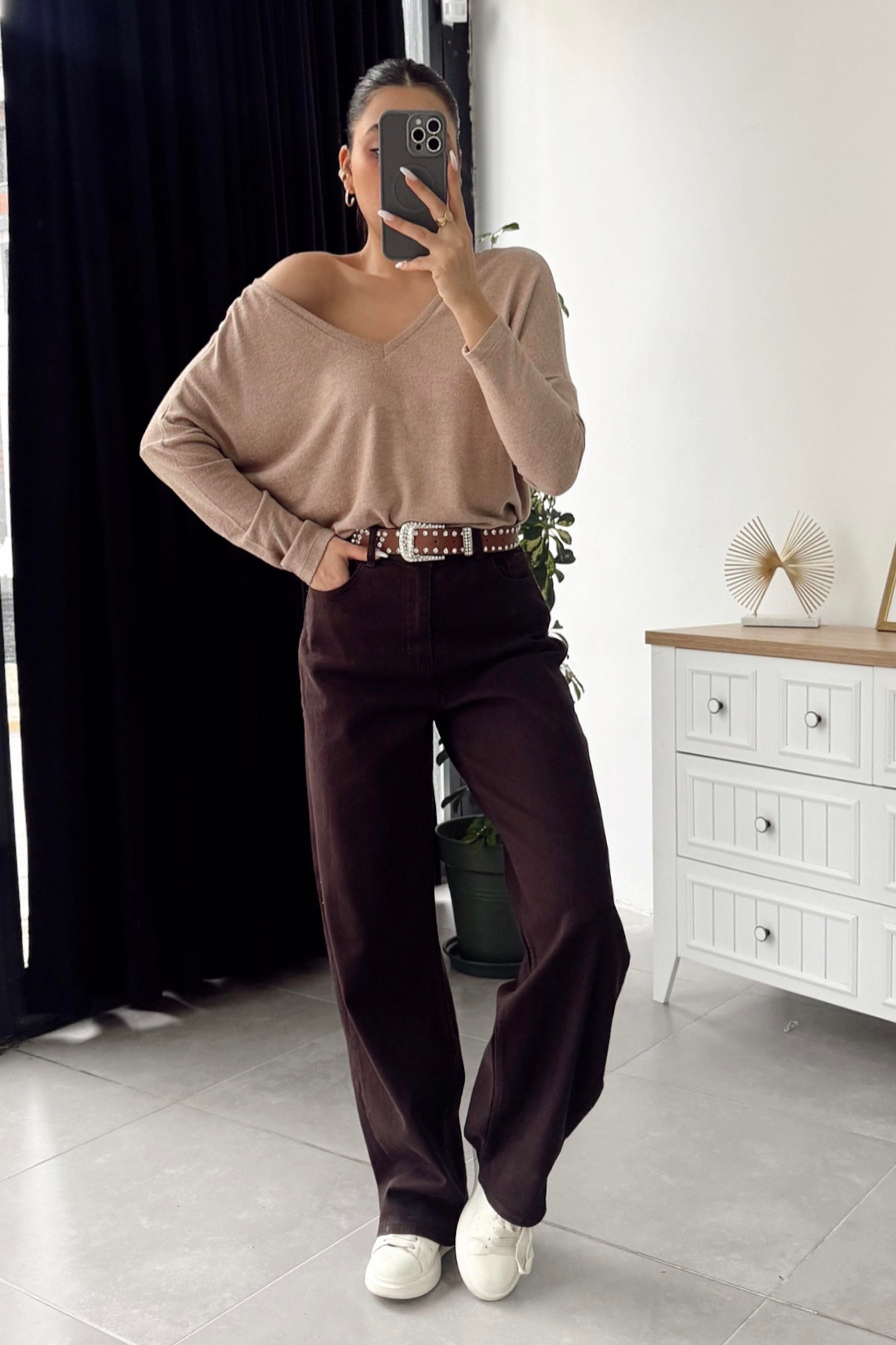 Lüks Kalite Yüksek Bel Wide Leg Jean Pantolon Fındık Kabuğu