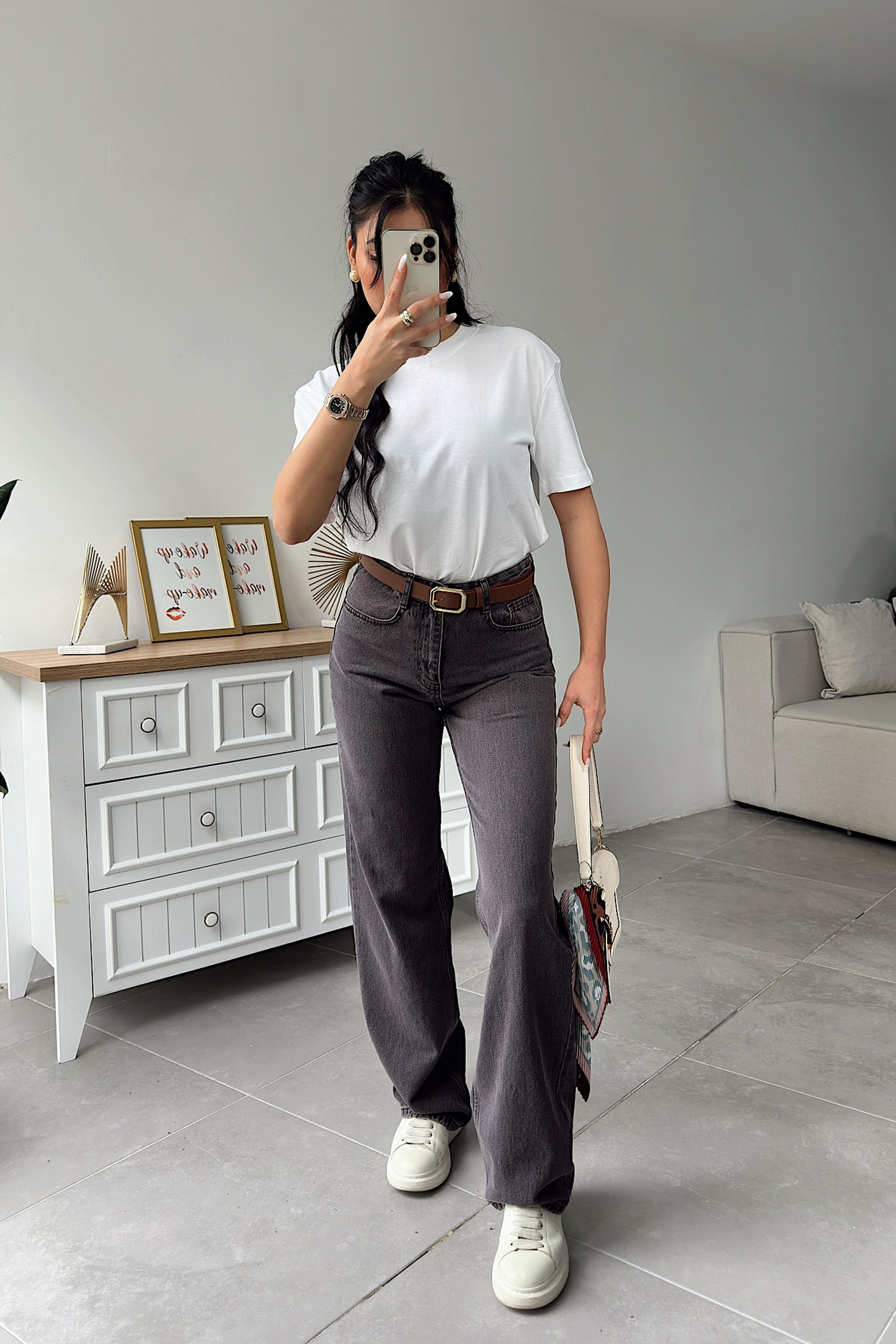 Lüks Kalite Yüksek Bel Wide Leg Jean Pantolon Melanj Kahve