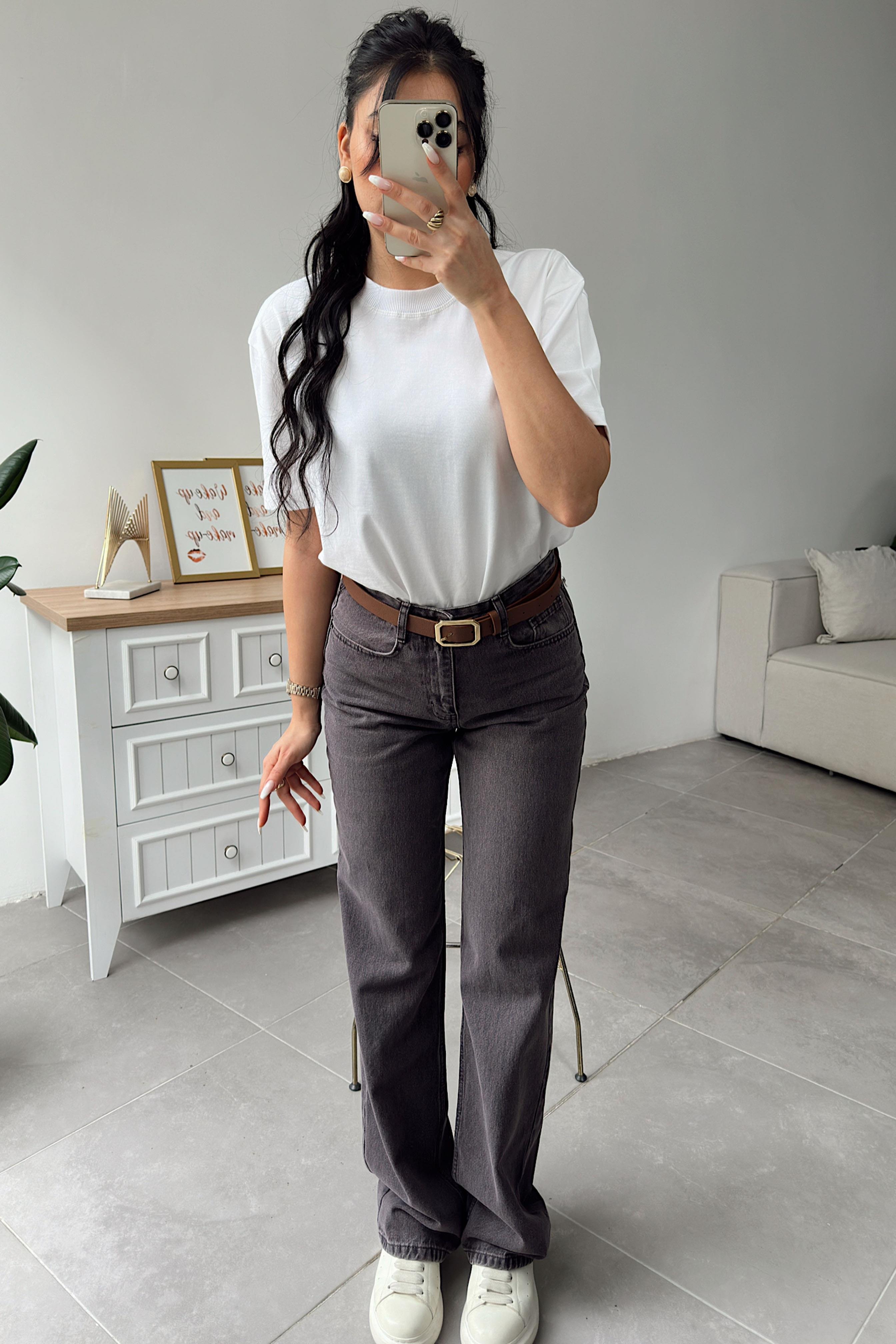 Lüks Kalite Yüksek Bel Wide Leg Jean Pantolon Melanj Kahve