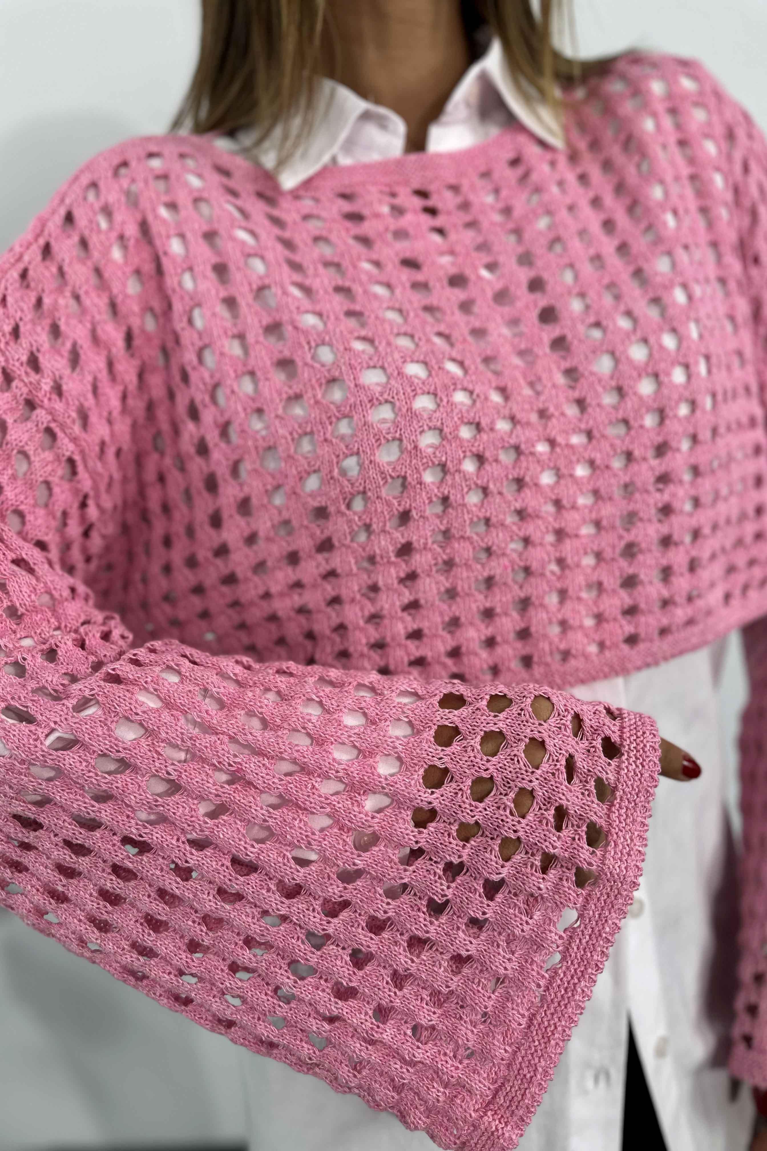 Lüx Kalite Ajurlu Oversize Örme Kriko Crop Kazak Şeker Pembesi