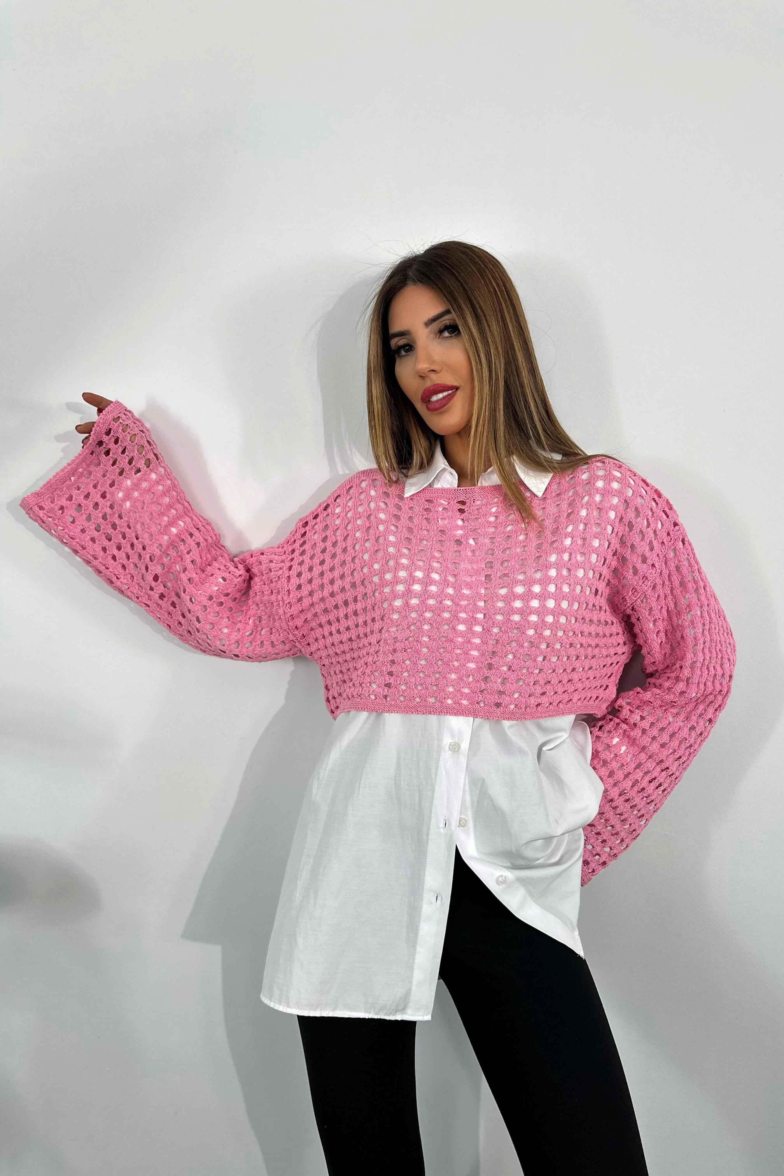 Lüx Kalite Ajurlu Oversize Örme Kriko Crop Kazak Şeker Pembesi