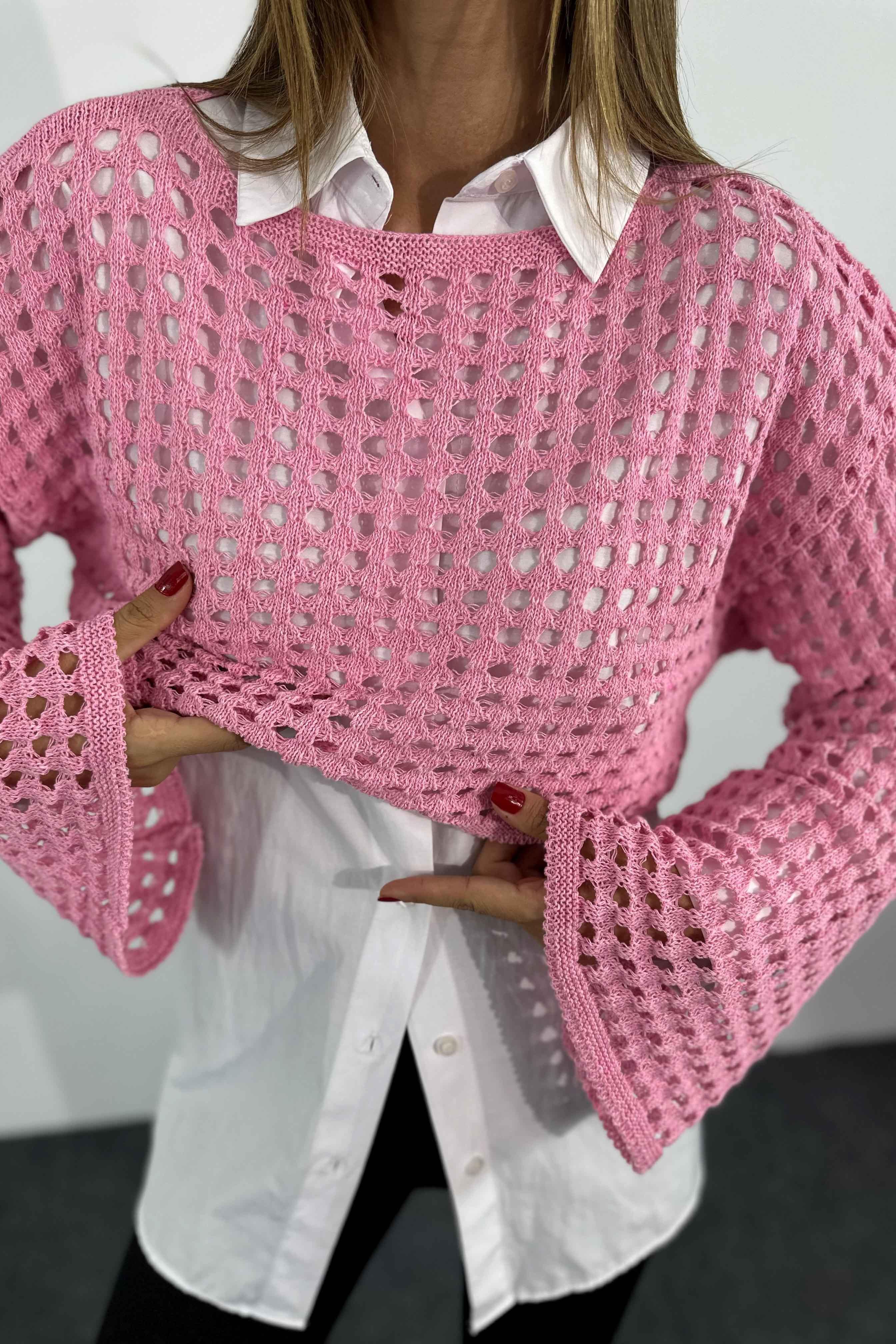 Lüx Kalite Ajurlu Oversize Örme Kriko Crop Kazak Şeker Pembesi