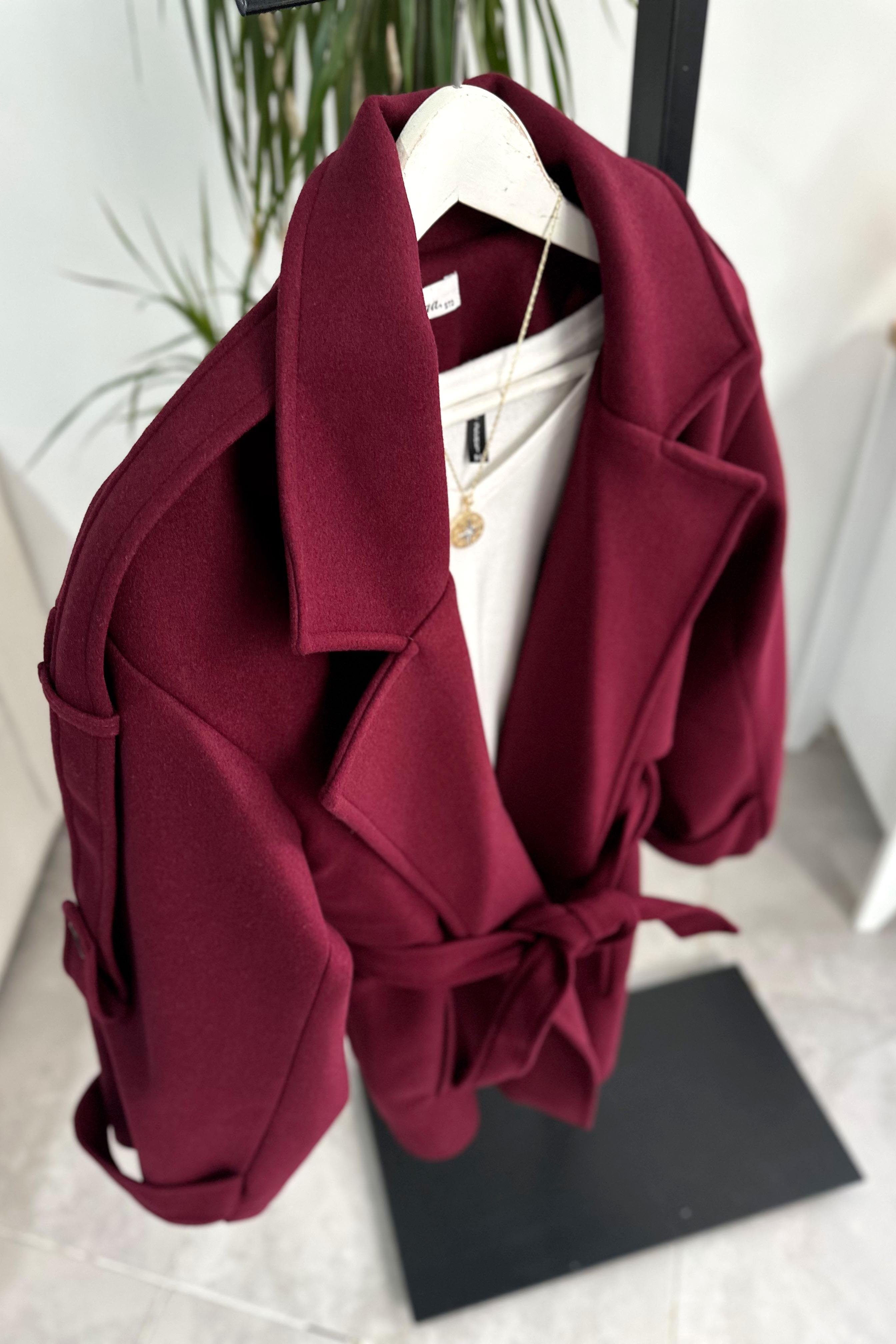 Lüx Kalite Apoletli Kalın Kaşe Kaban Bordo