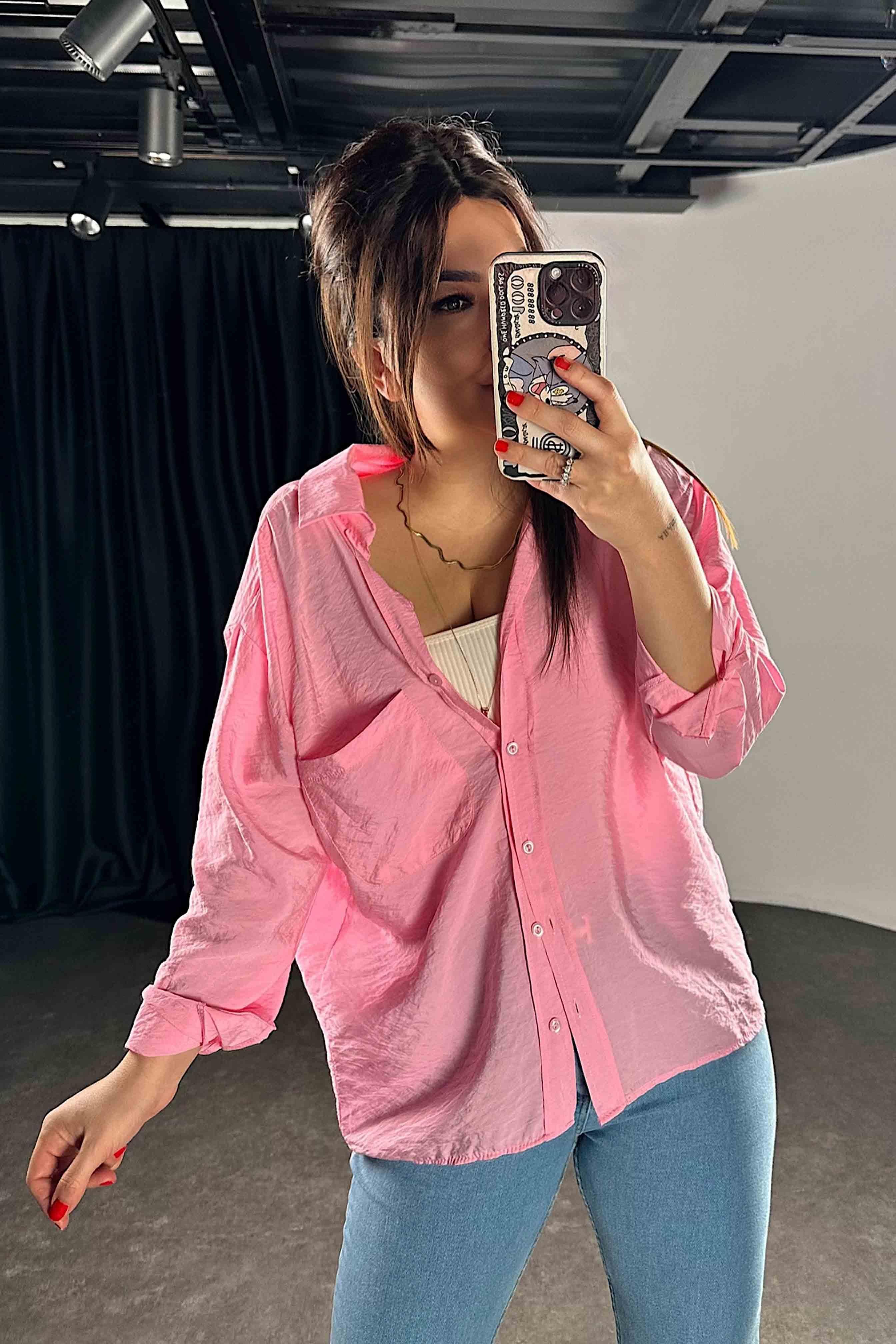 Lüx Kalite Basic Salaş Gömlek Toz Pembe