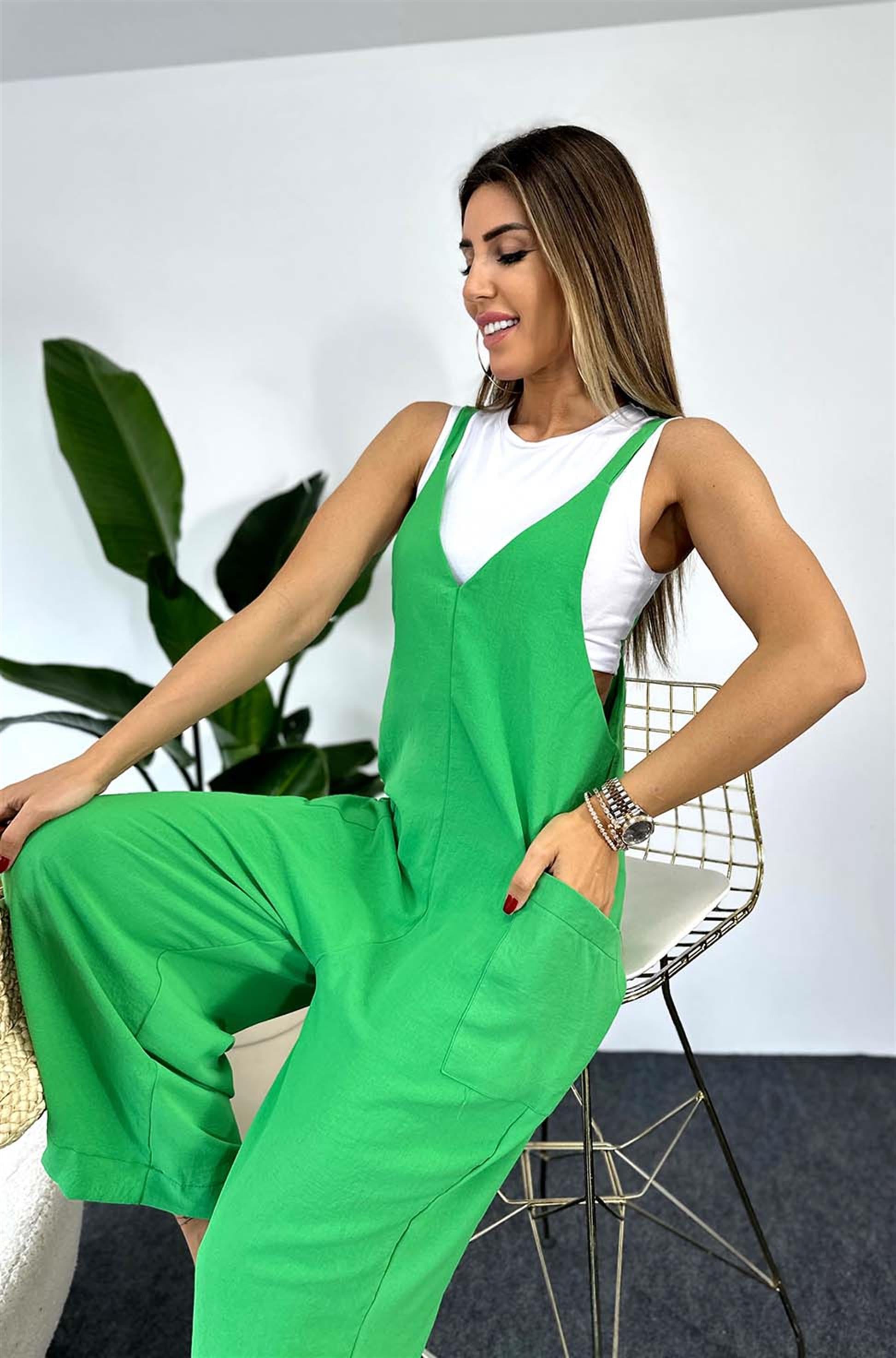 Lüx Kalite Bol Paça Salaş Midi Tulum Yeşil