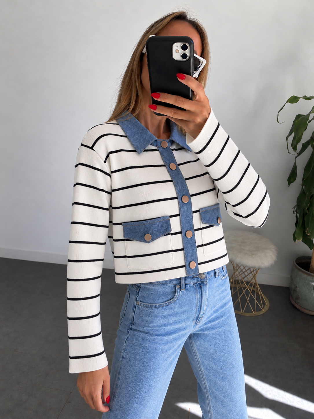 Lüx Kalite Denim Cep Kapak ve Yakalı Çelik Triko Hırka Beyaz 