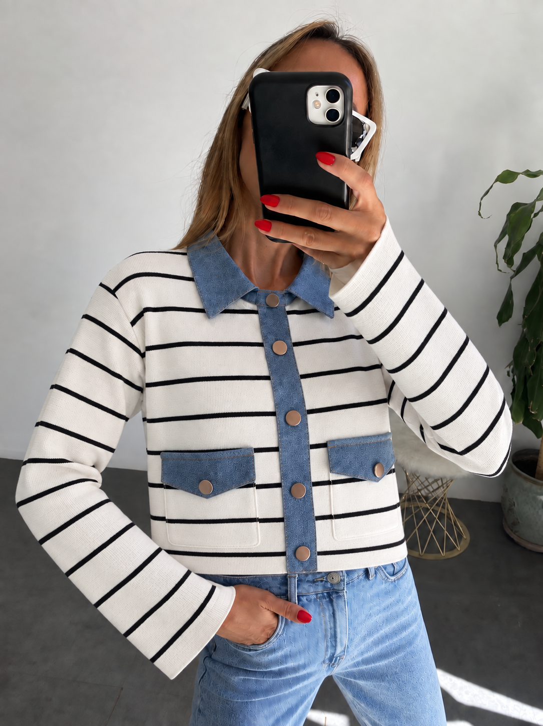 Lüx Kalite Denim Cep Kapak ve Yakalı Çelik Triko Hırka Beyaz 