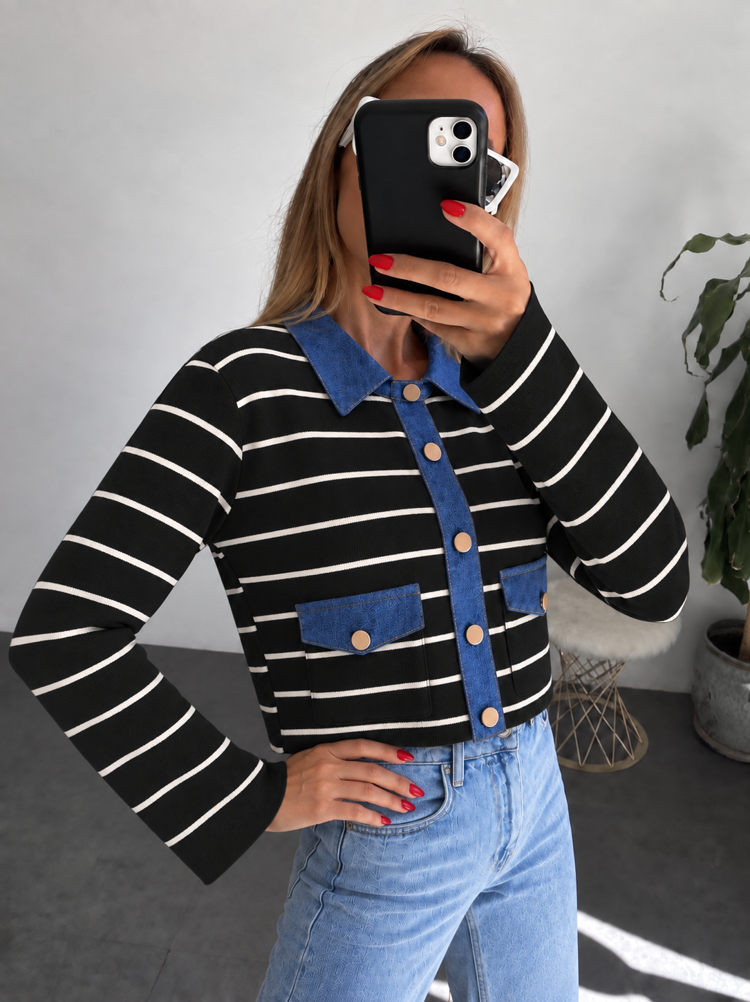Lüx Kalite Denim Cep Kapak ve Yakalı Çelik Triko Hırka Siyah