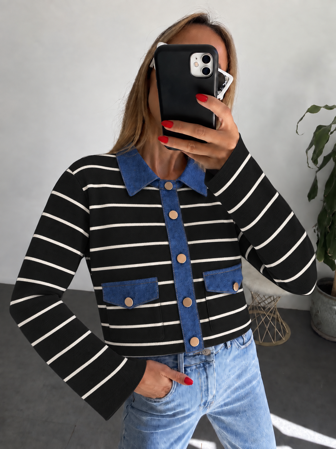 Lüx Kalite Denim Cep Kapak ve Yakalı Çelik Triko Hırka Siyah