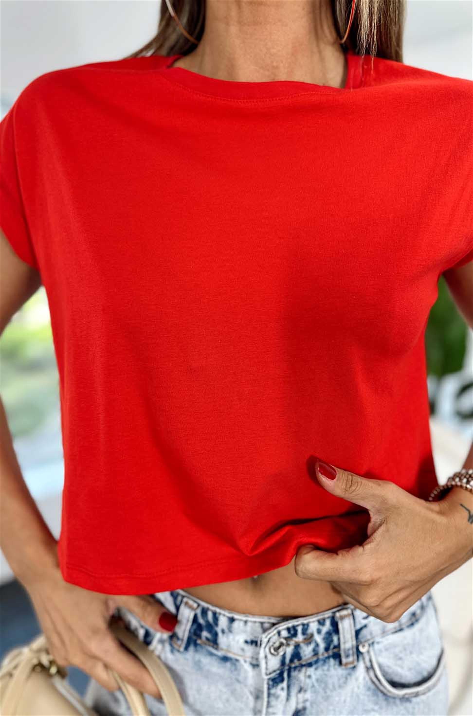 Lüx Kalite Duble Kol Bisiklet Yaka Tişört Kırmızı