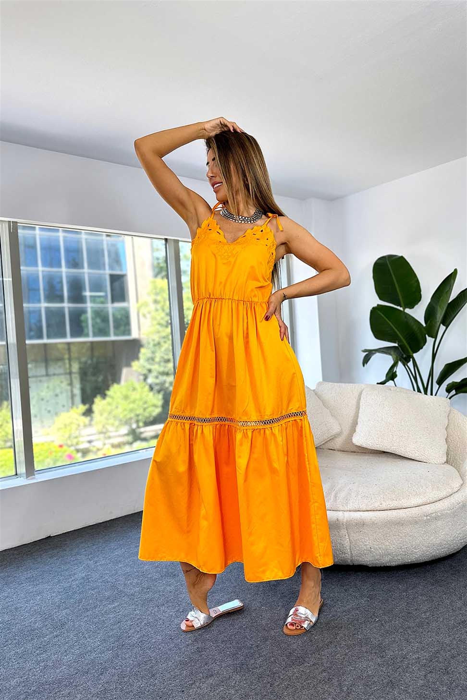 Lüx Kalite Fisto Detaylı Kat Kat Uzun Elbise Kavun İçi