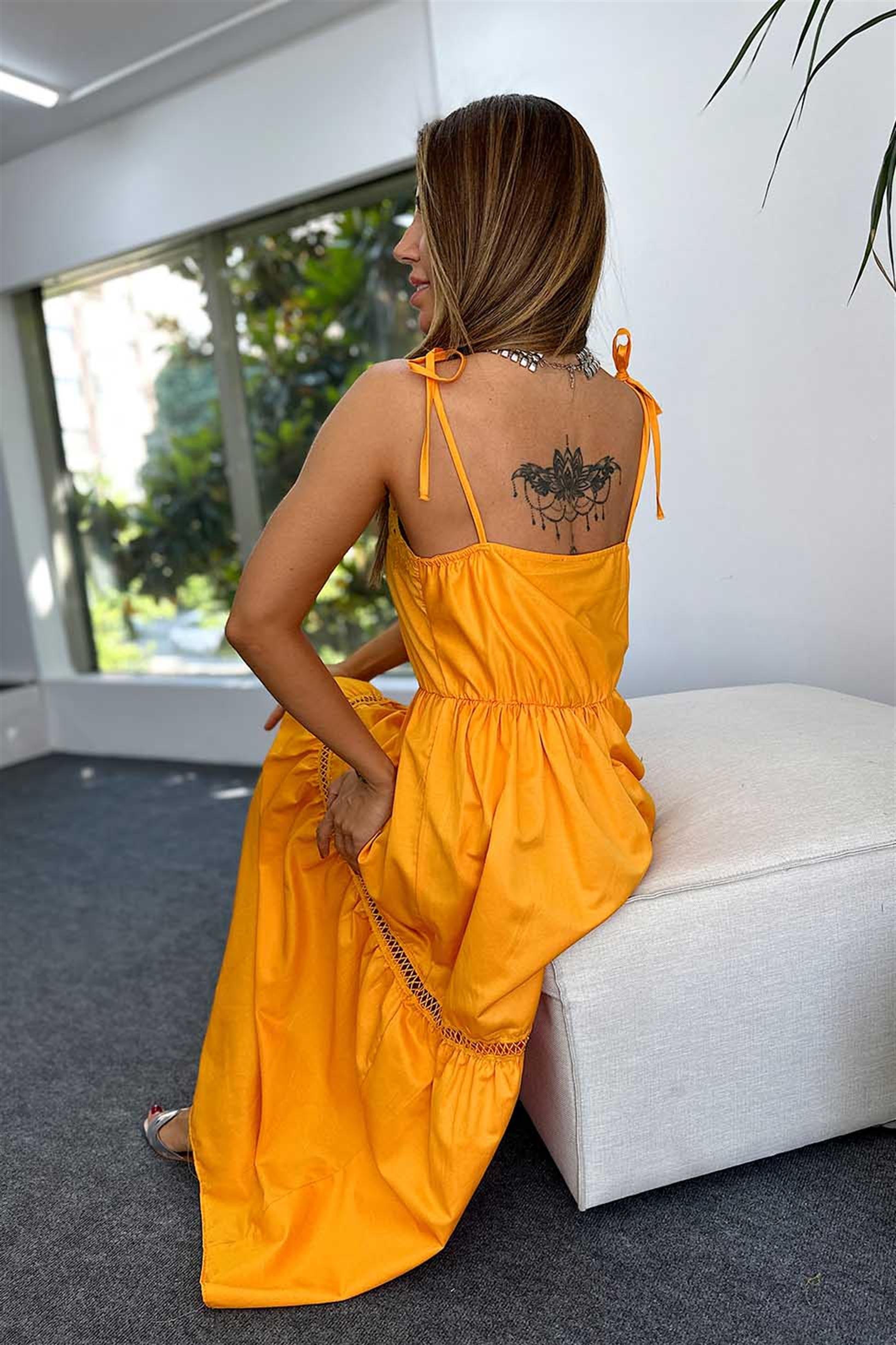 Lüx Kalite Fisto Detaylı Kat Kat Uzun Elbise Kavun İçi