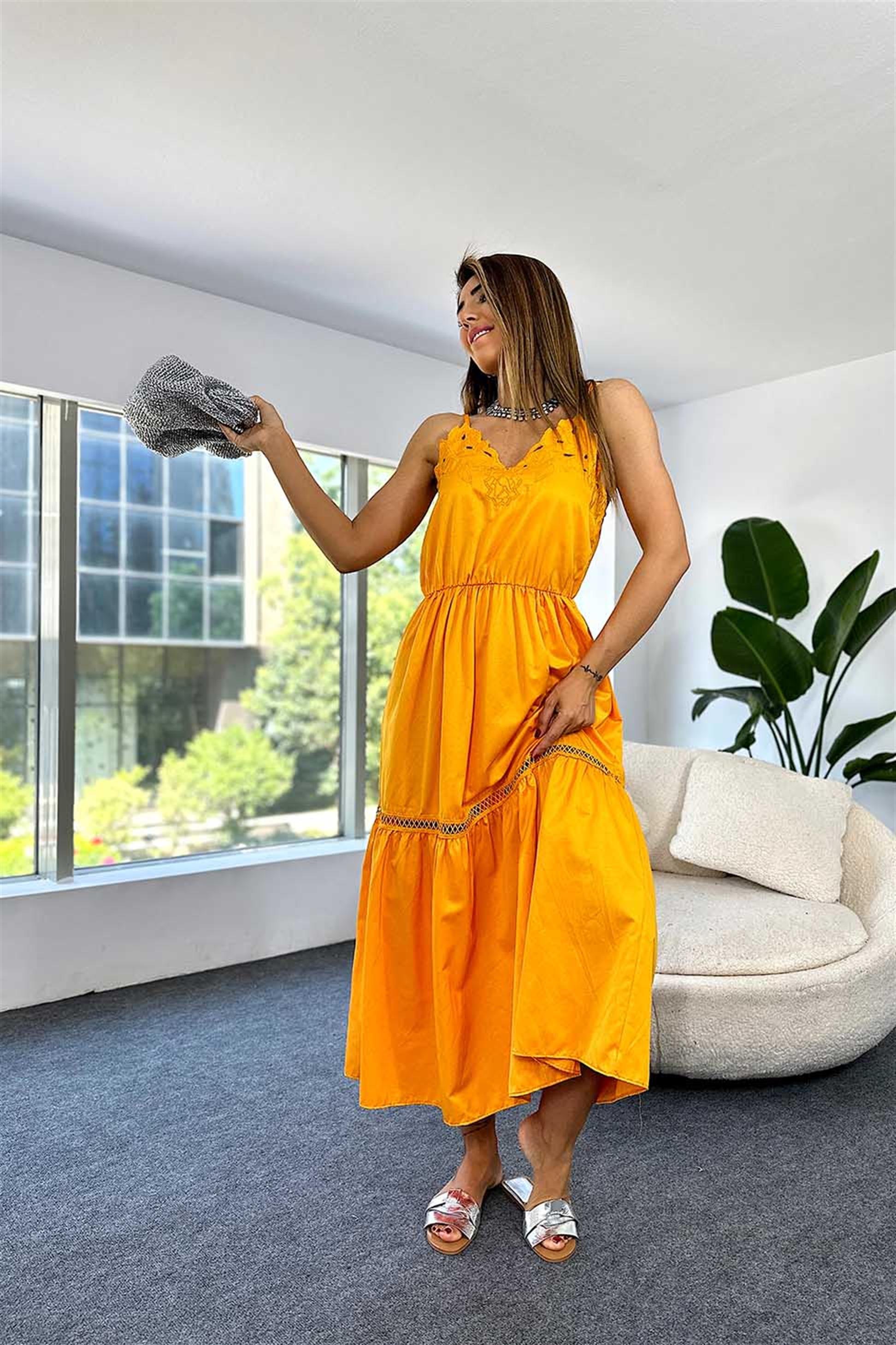 Lüx Kalite Fisto Detaylı Kat Kat Uzun Elbise Kavun İçi