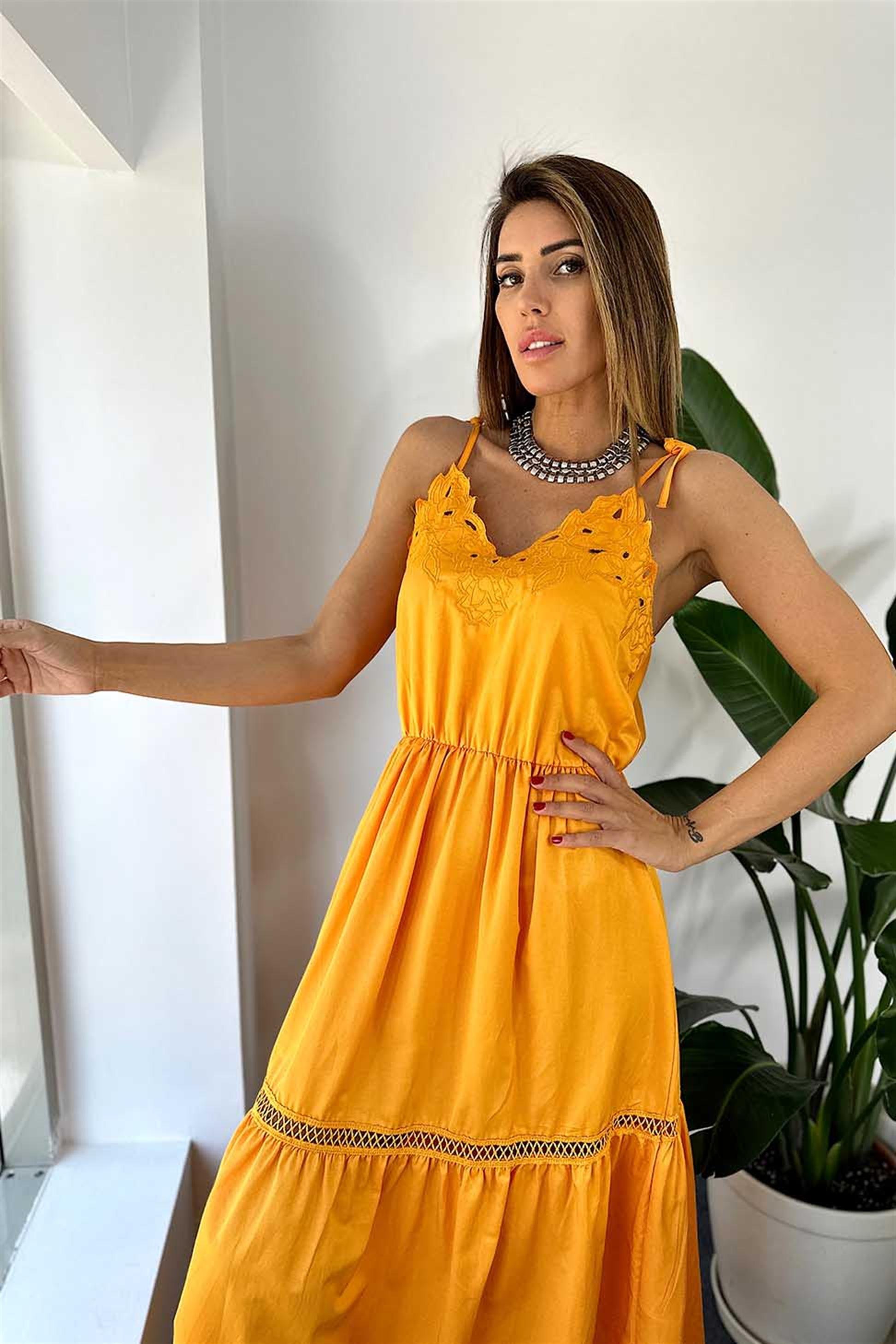 Lüx Kalite Fisto Detaylı Kat Kat Uzun Elbise Kavun İçi